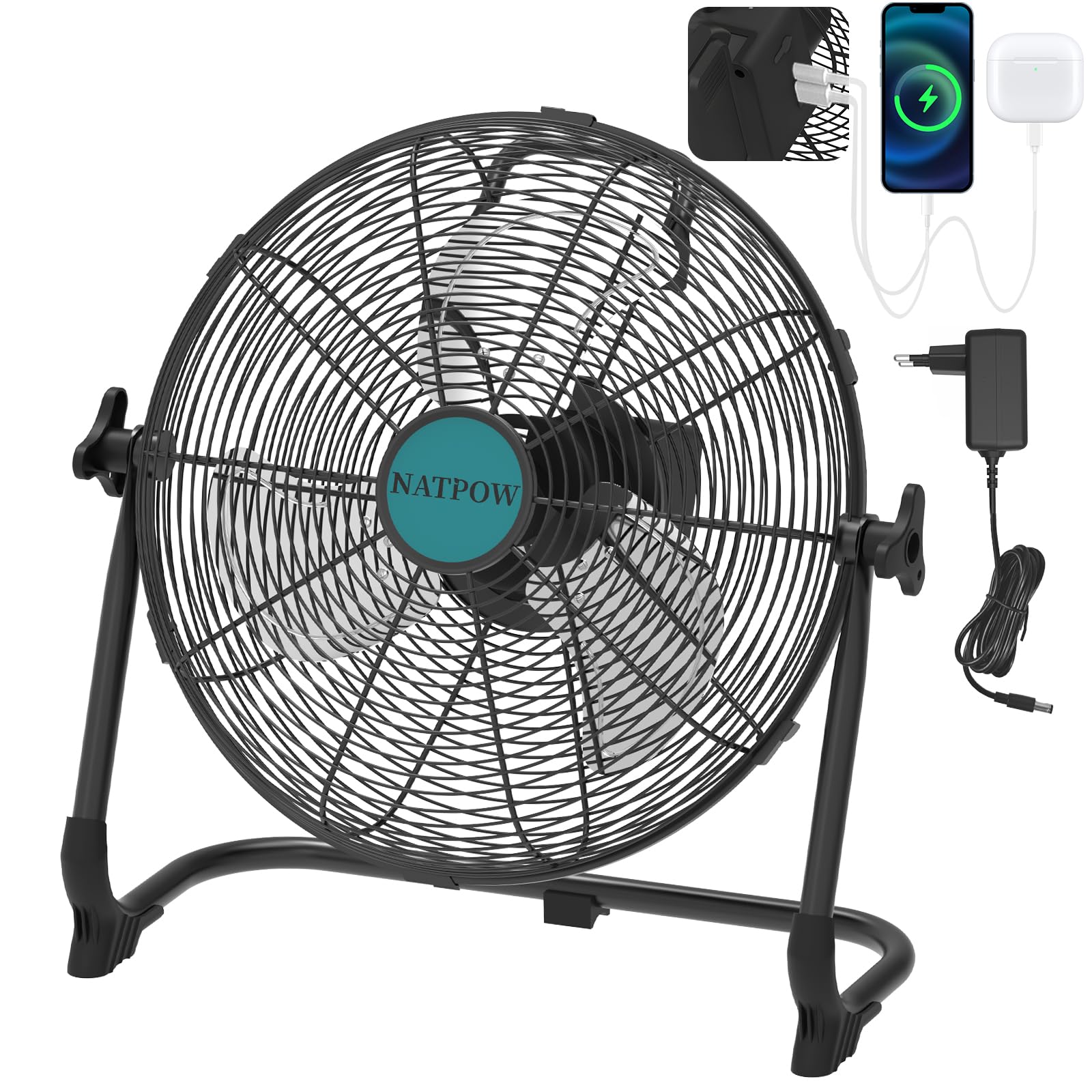 NATPOW Ventilateur Compatible avec Makita 18V, 15W Brasseur d'air avec Type C et USB, 30 cm Ventilateur de Sol, Adaptateur 1,5 m Inclus, Silencieux pour Camping, Plage, Pêche, Chantier, sans Batterie