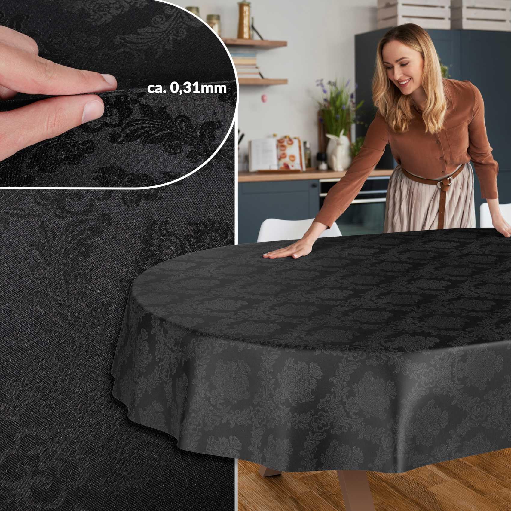ANRO Nappe enduite Damassé Baroque Noir Ovale 220x140 cm Anti-Taches