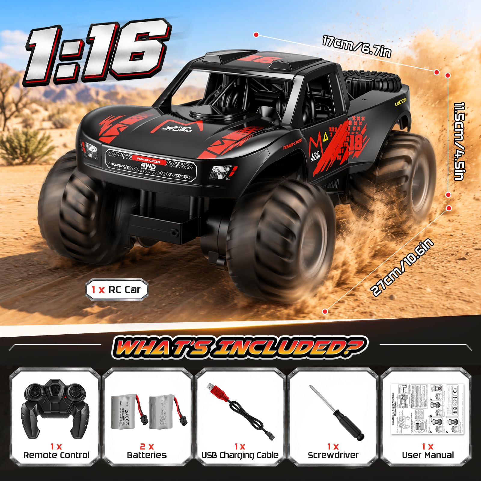 Macchina Telecomandata 1:16-2,4 GHz Auto RC Fuoristrada Anfibio