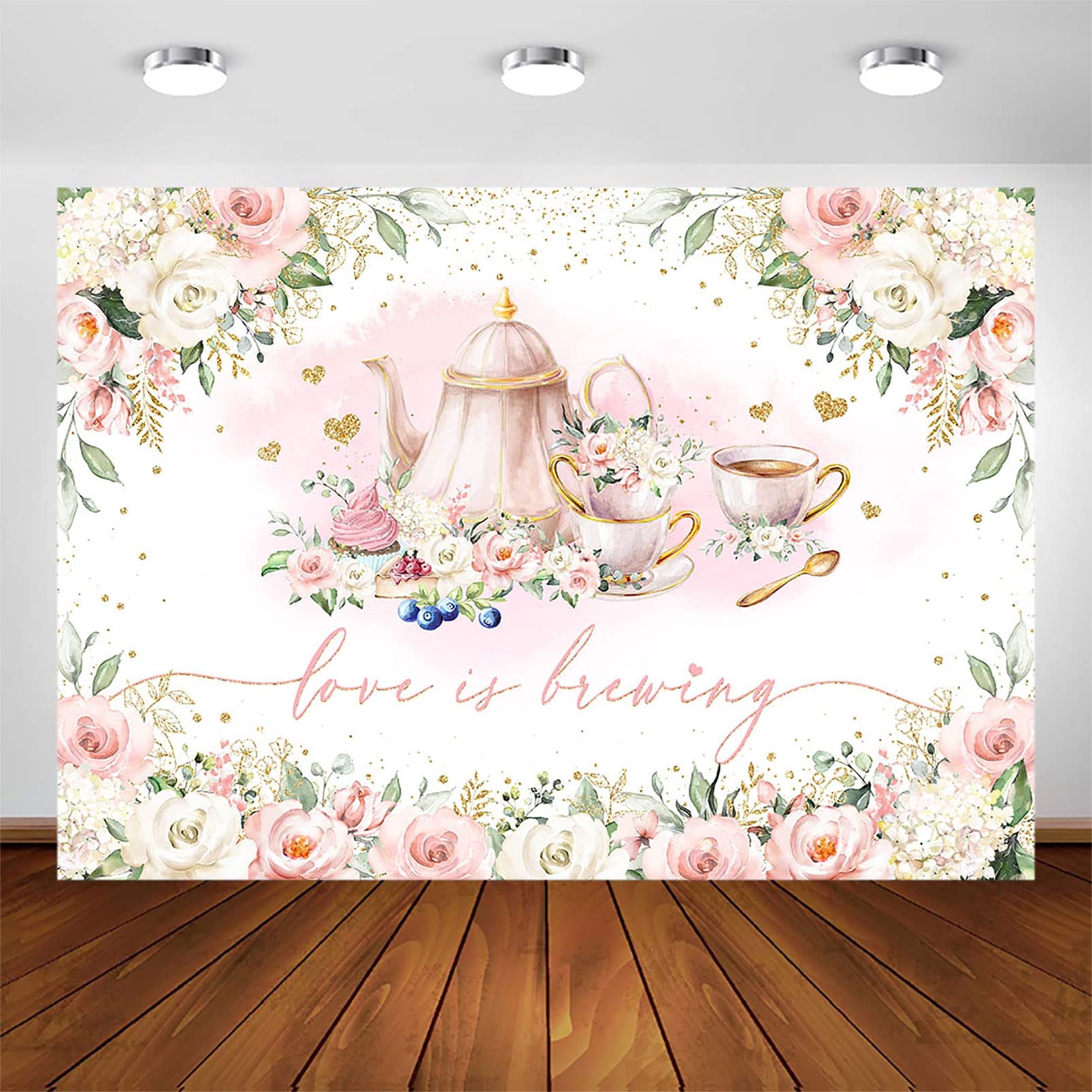 Avezano Love is Brewing Backdrop Wedding Bridal Shower Party Decorations Valentine's Tea Party Theme Photo Background Cake Table Banner (7x5ft)