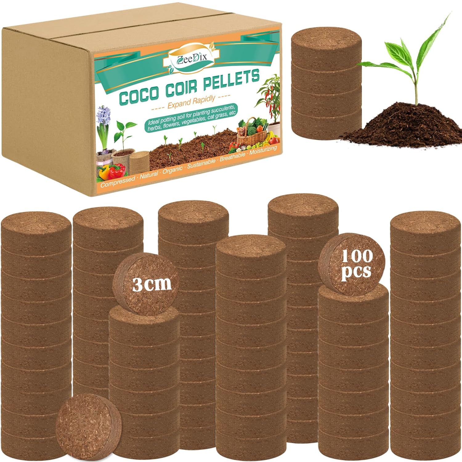 ZeeDix 100 Pack (30mm) Compressed Coco Coir Fiber Seed Starter Pots - Organic Coco Coir Pellets for Growing Bonsai, Herbs, Plants, Flowers, and Vegetables