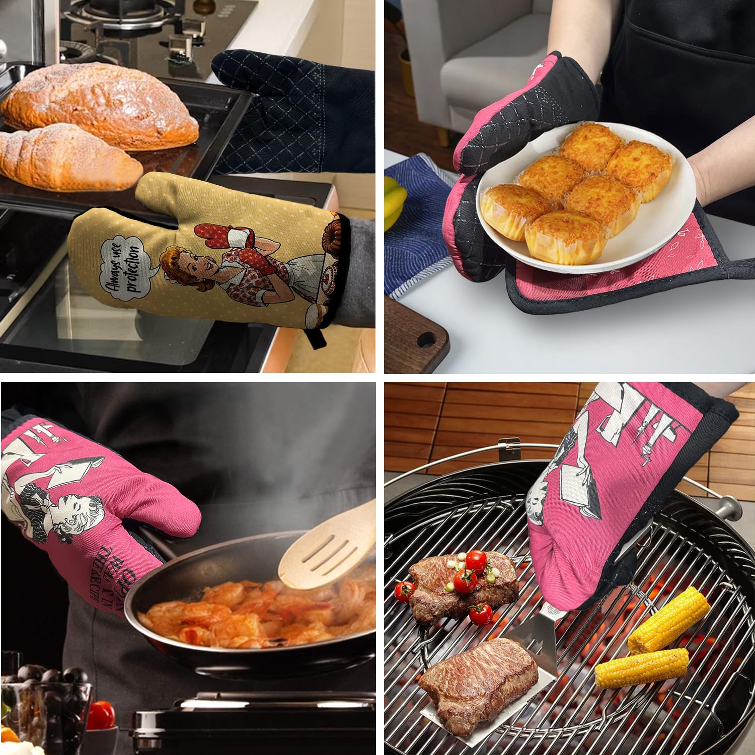 ZHANTUONE Always Use Protection - Juego de 2 guantes de horno resistentes al calor con silicona antideslizante, accesorios de cocina retro para ama de casa, regalos para amantes de los pasteles, mamá