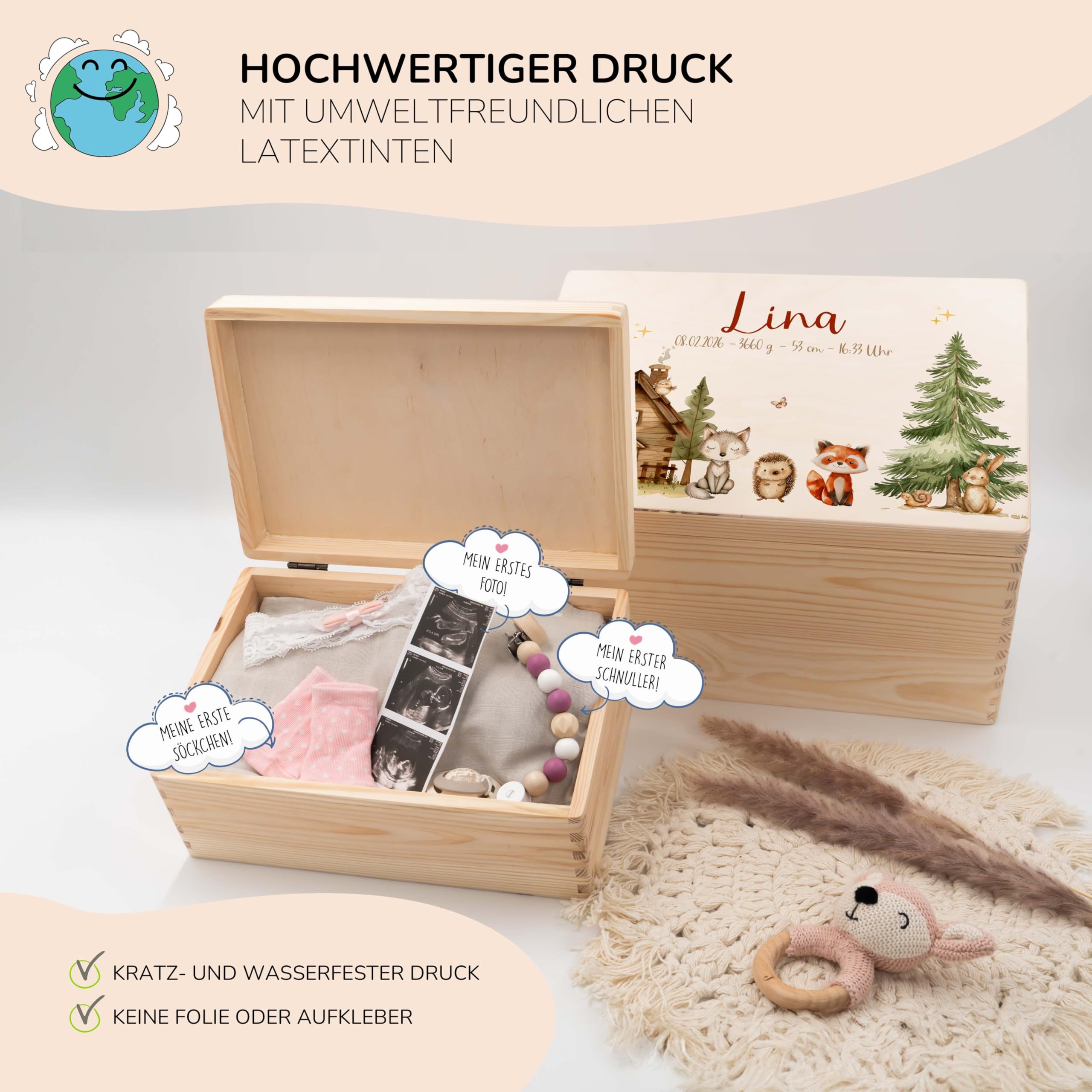 KIDSMOOD - Erinnerungsbox Baby, personalisierte Holzkiste mit Deckel, Ideal zur Aufbewahrung von Erinnerungen und als Geschenk zur Geburt, Taufe oder als Geburtstagsgeschenk für Mädchen und Jungen