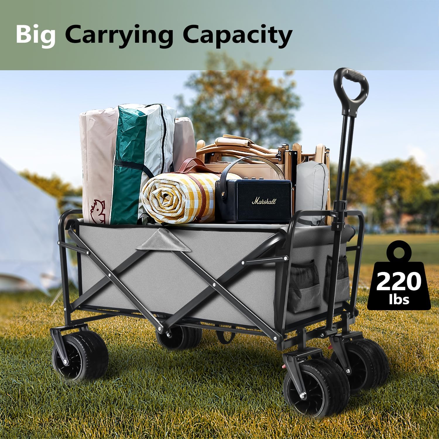 Large Collapsible Wagon Cart Heavy Duty Foldable, Large Capacity Foldable Grocery Beach Wagon for Camping Sports Shopping, Gray