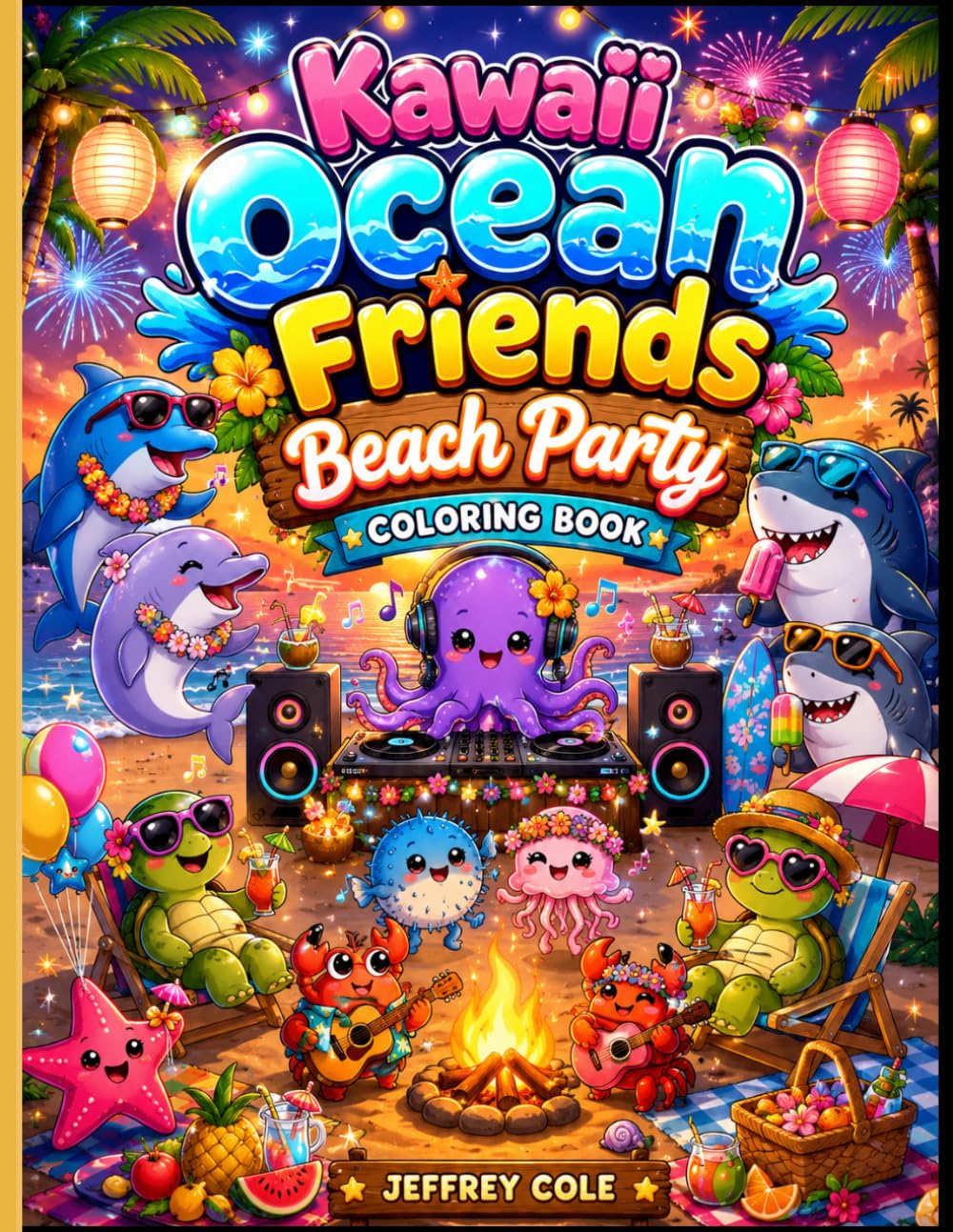 Kawaii Ocean Friends Beach Party Coloring Book: Cute Summer Sea Animal Coloring Pages with Surfing, Ice Cream, Pool Fun, and Tropical Vacation Adventures