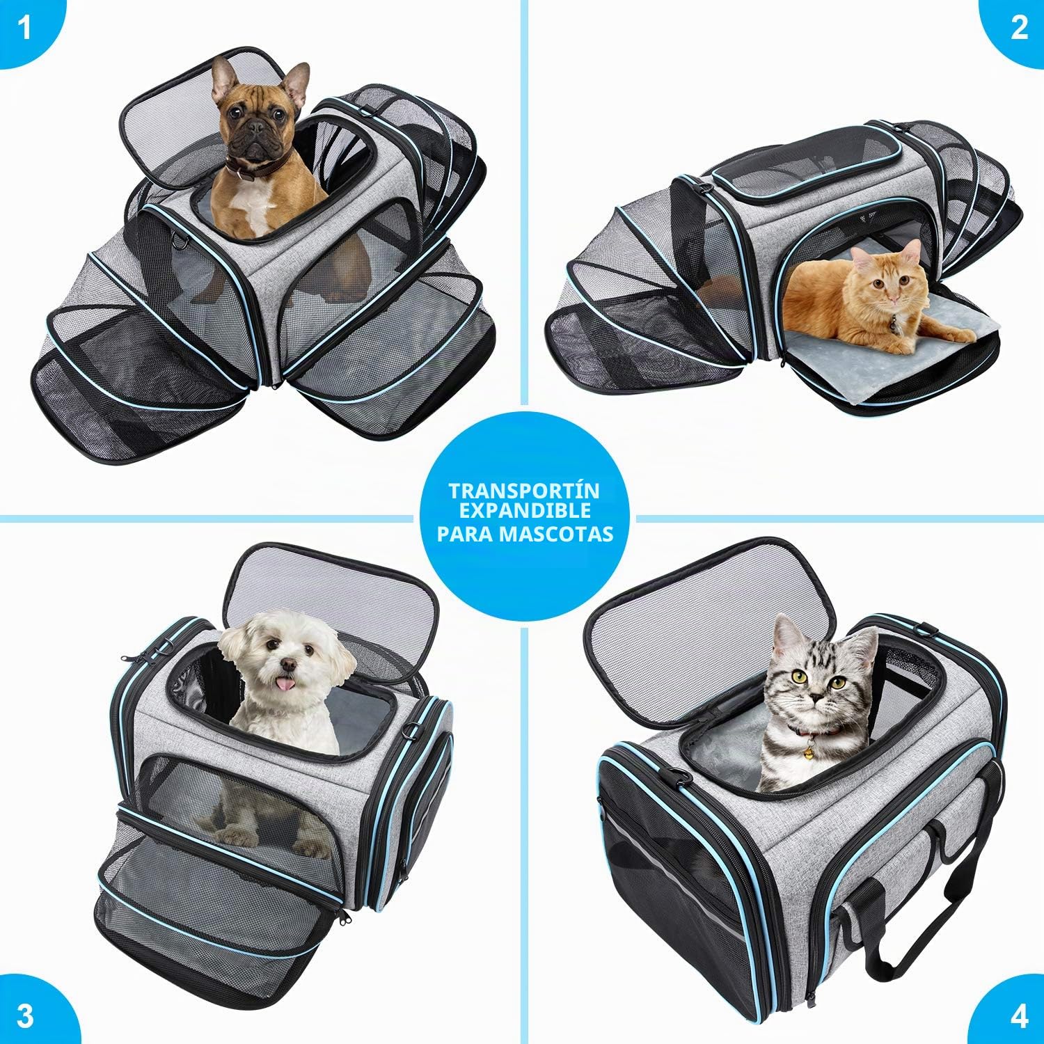 Transportador de mascotas aprobado por aerolíneas, transportador grande y suave para mascotas, transportador plegable de 4 lados expandible para gatos con almohadilla de forro polar extraíble