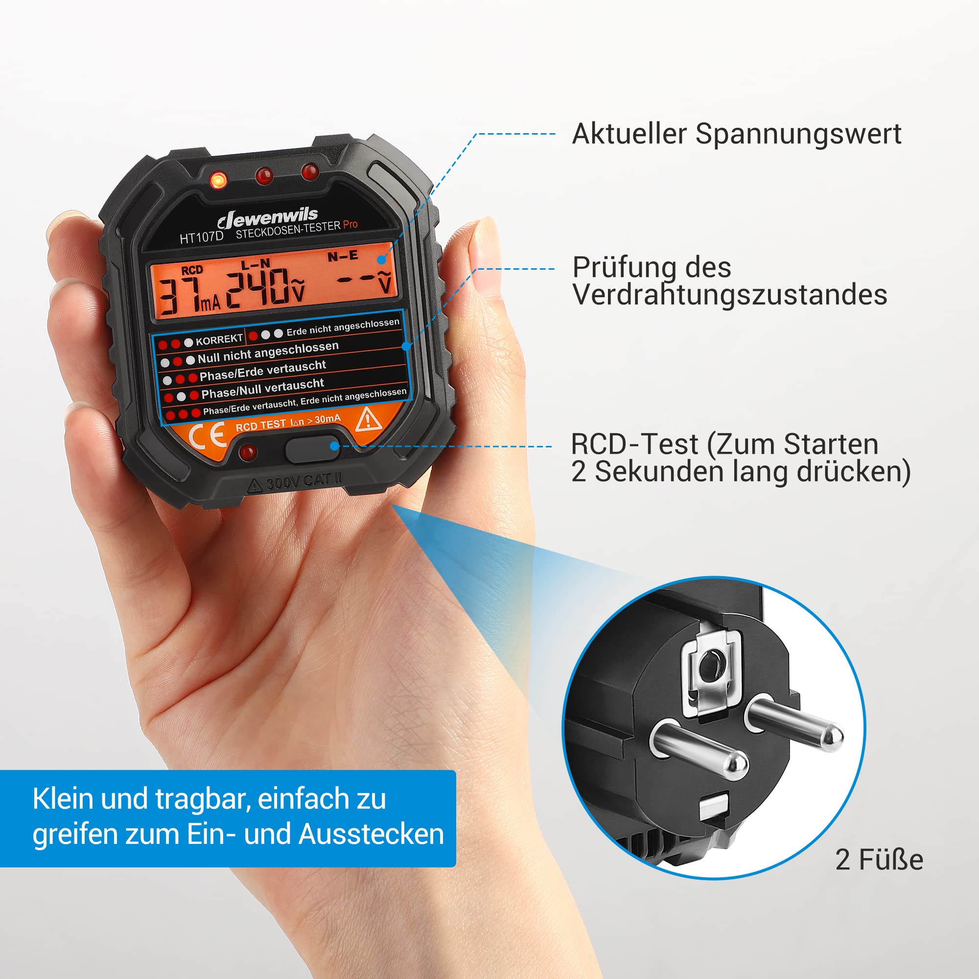DEWENWILS Probador de Enchufes con Prueba RCD y Pantalla de Voltaje LCD, Pantalla de Luz Indicadora, Prueba FI, 48-250V/45-65Hz, CAT ll 300V