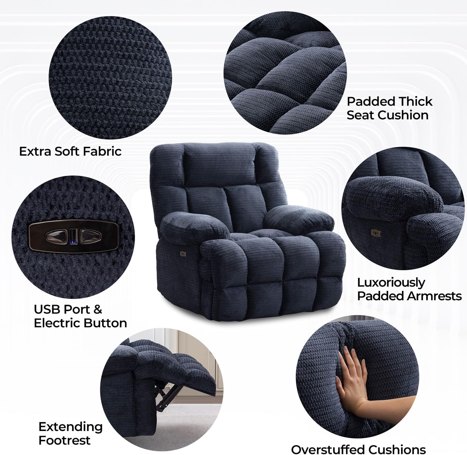 Oversized Power Zero Gravity Recliner Chairs for Adults, Electric Reclining 0 Gravity Chair for Big Man,Soft Fabric Overstuffed Single Recliners with USB Charger Port for Living Room, Blue