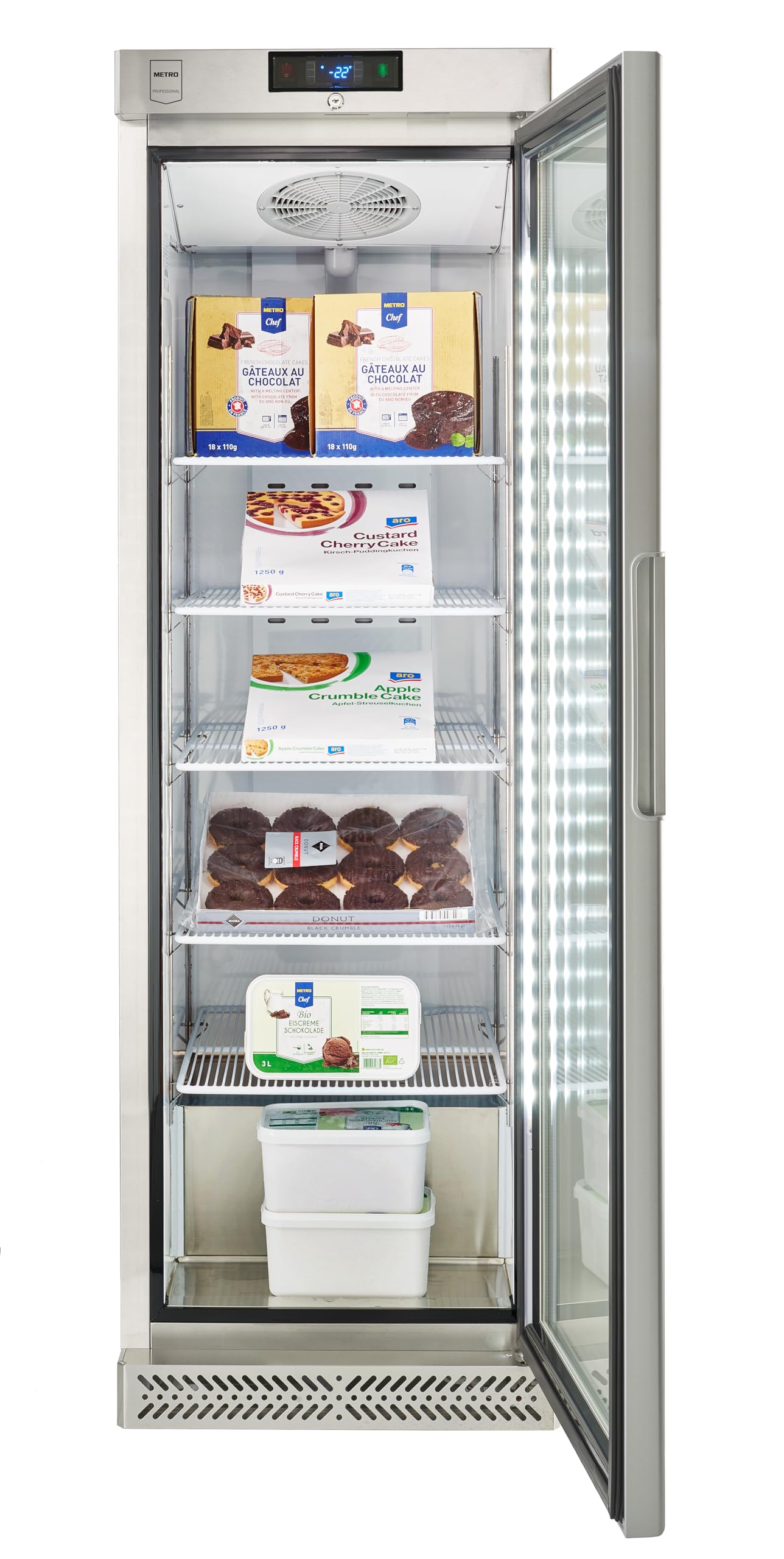 METRO Professional Vetrina congelatore GSC240N, acciaio inox/vetro, 59.5 x 64 x 188.5 cm, 240 L, raffreddamento ad aria, 550 W, con serratura, argento