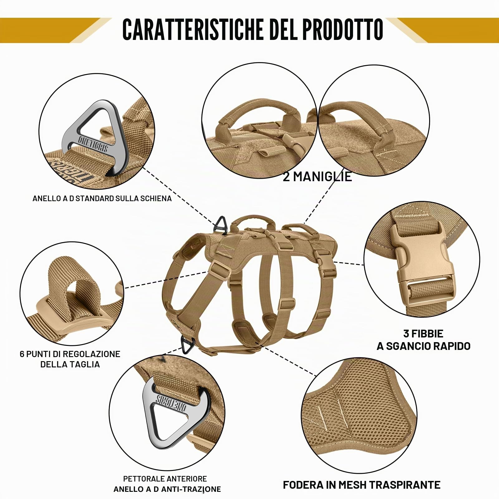 OneTigris Pettorina per cani, T-Bone, tattica con 2 manici, a prova di rottura, regolabile, per cani, caccia, escursionismo, allenamento, passeggiate, attività all'aperto (marrone, M)