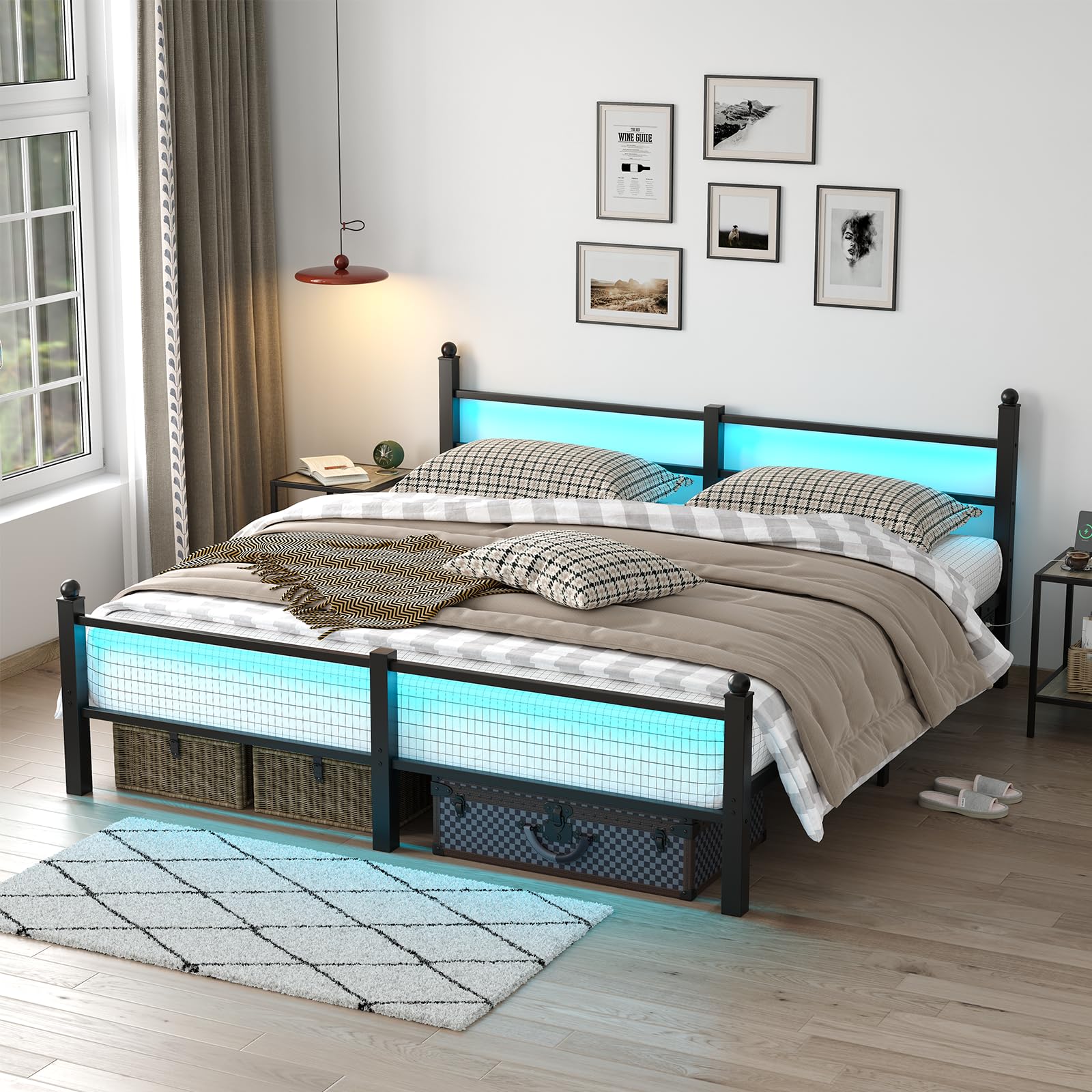 CollaredEagle King Size Bed Frame with Headboard and Footboard,Heavy Duty Steel Slats Support Metal Bed Frame with Charging Station,No Box Spring Needed/Easy Assembly(Black)