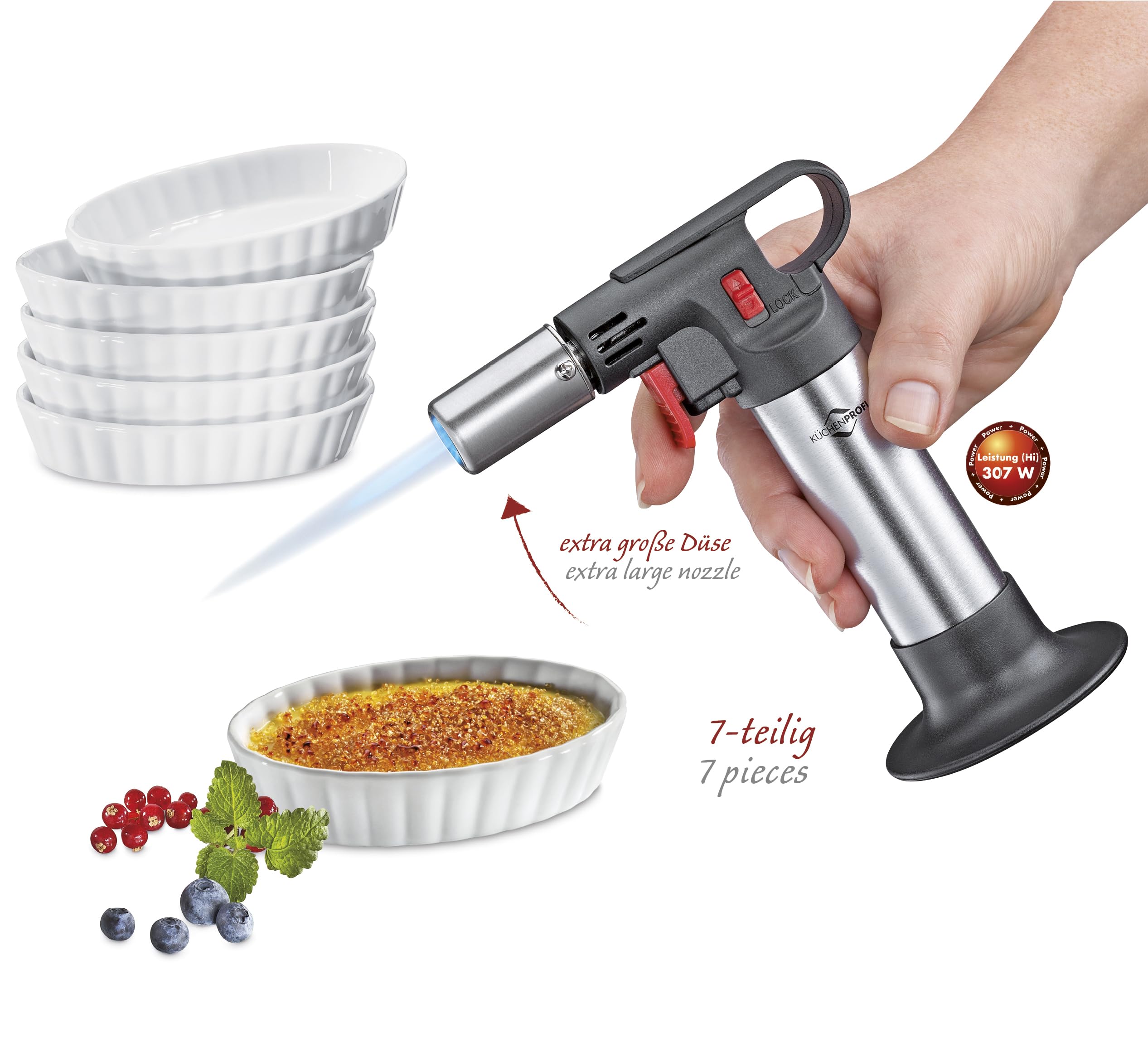 Küchenprofi Crème Brûlée-Set DELUXE, 7-teilig | 1x Flambierbrenner | 6x Schälchen aus Hartporzellan (85 ml) | Backofen- & Mikrowellengeeignet | Creme Brulee Set mit Brenner und Schälchen inkl. Rezepte