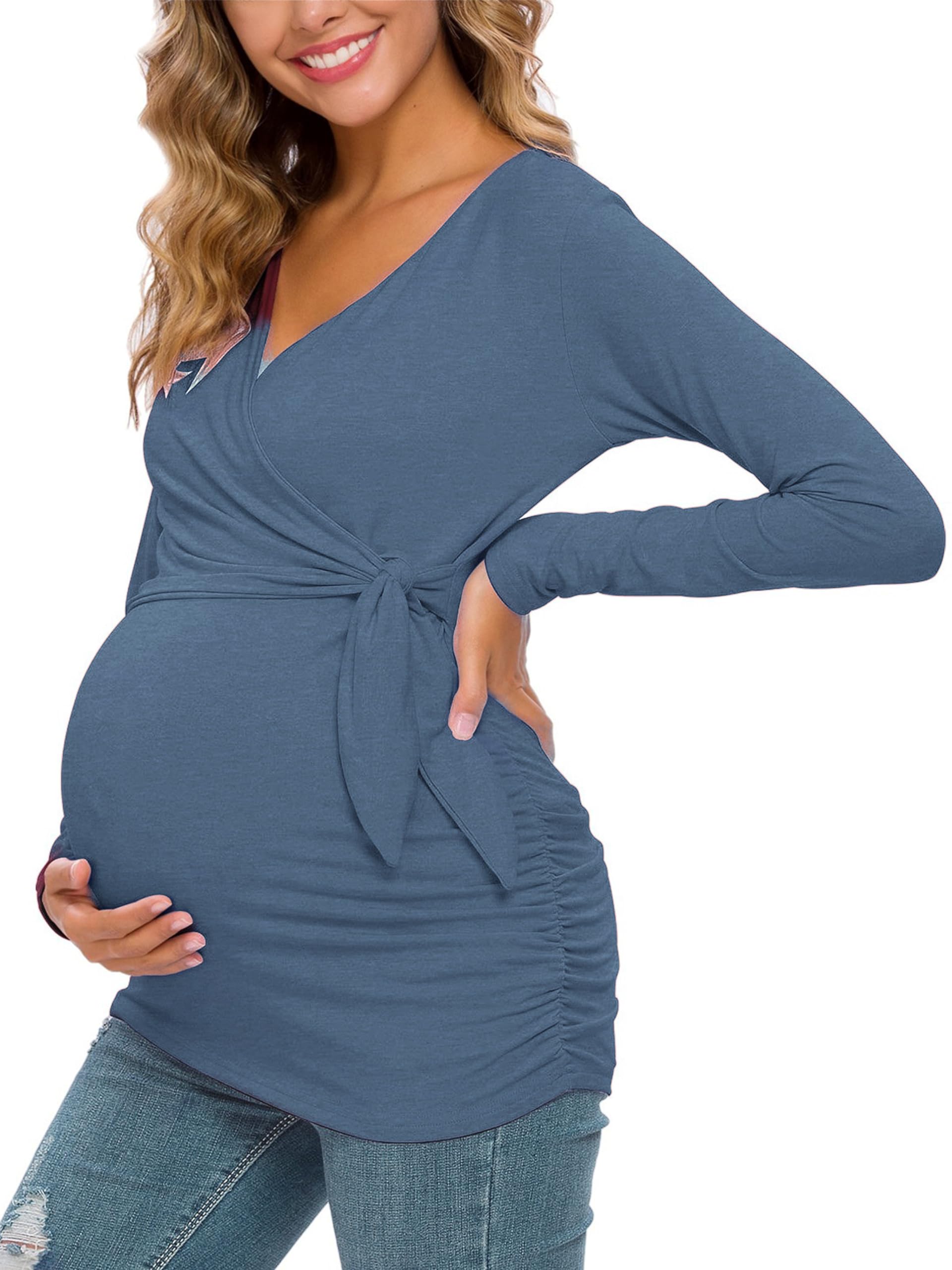 Glampunch Women's Maternity Shirts Short & Long Sleeve Tie Front Wrap Maternity Tops