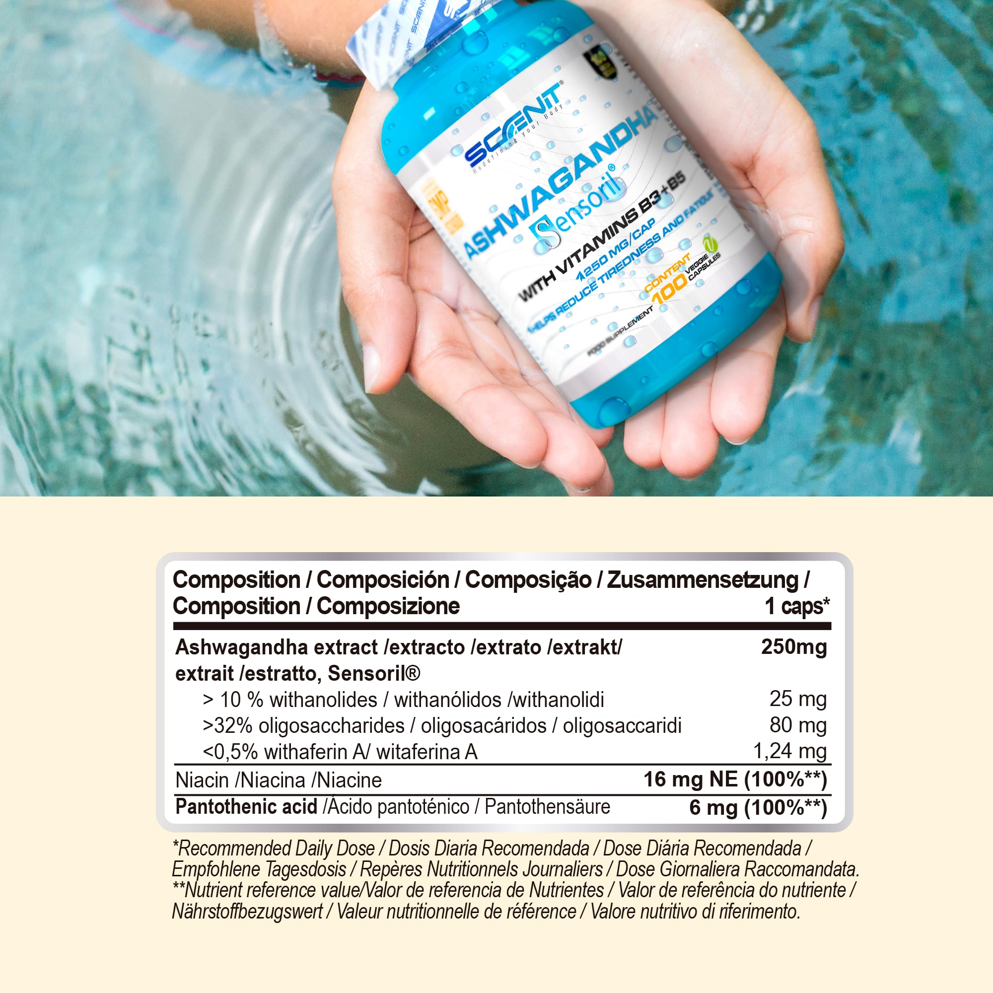 Ashwagandha capsule - Ashwagandha Sensoril con oltre il 10% senza anolidi, con Vitamina B3 e Vitamina B5-250 mg per capsula - 100 capsule vegane per 100 giorni
