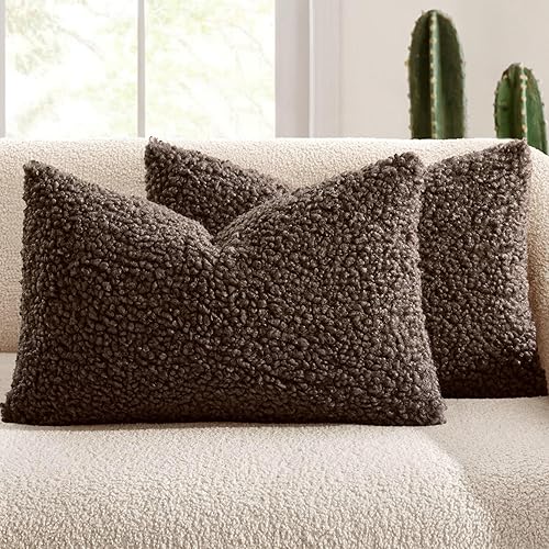 MIULEE Pack of 2 Throw Pillow Covers 12x20 Inch Neutral Chocolate Faux Fur Decorative Sherpa Pillow Covers Fuzzy Accent Soft Sheepskin Fleece Cushion Cases for Boho Home Decor Couch Living Room Bed - 20" x 12" (Pack of 2) - Chocolate