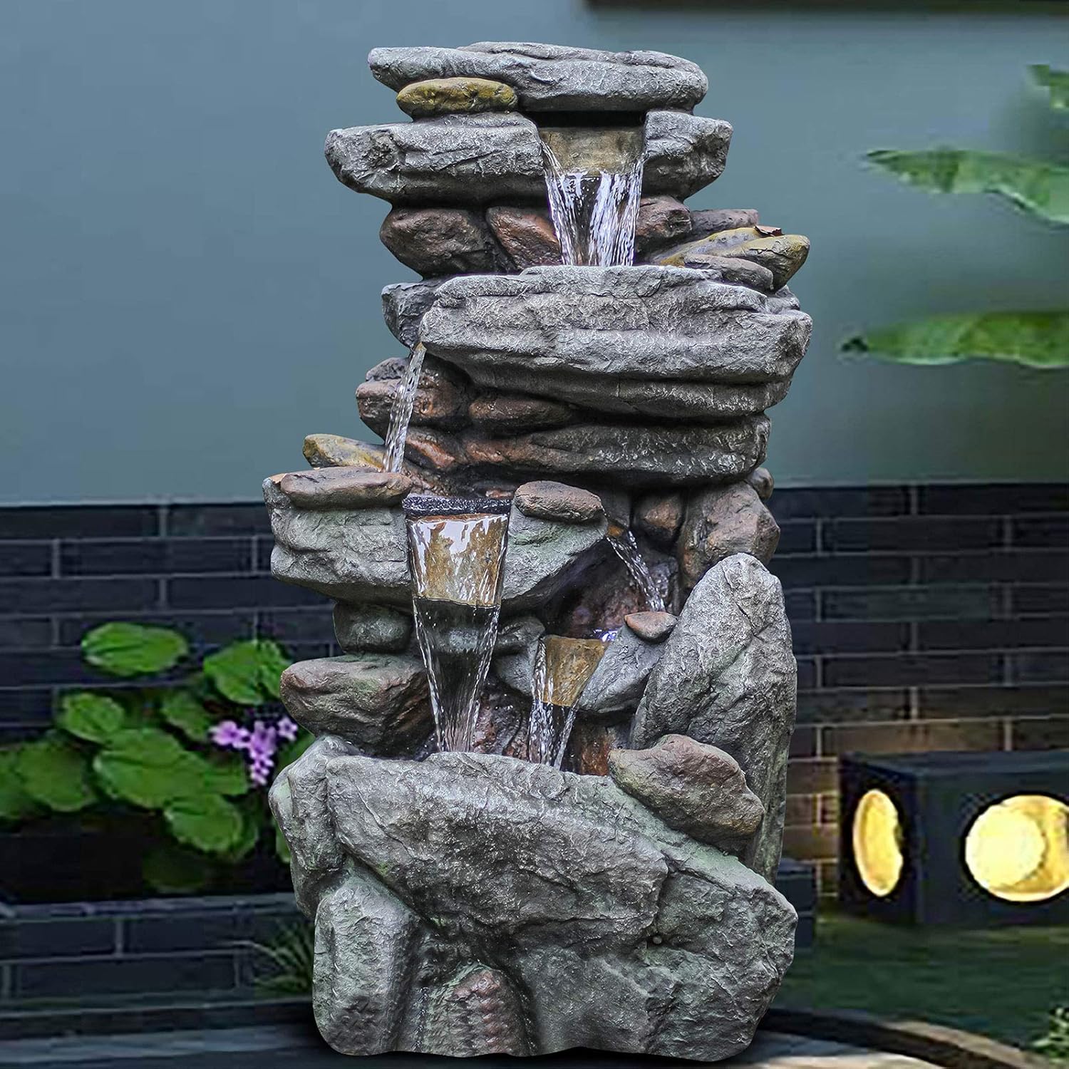 5-Tier Rock Water Fountain, Floor Standing Waterfall, Indoor & Outdoor 40''H Waterfall, Water Feature with LED Lights, Cascading Waterfall for Yard/Garden/Patio/Deck/Porch/Home Art Deco (Grey)