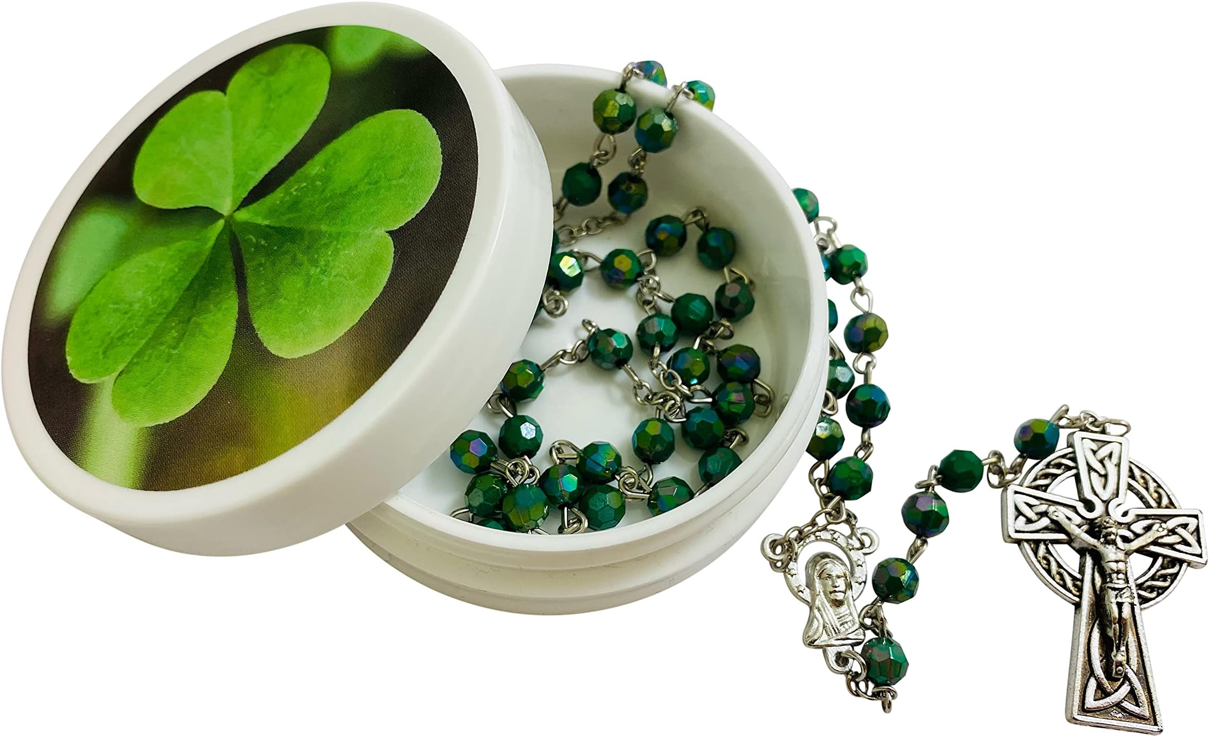 Westmon Works Irish Shamrock Rosary Saint Patrick's Prayer Set with Green Ireland Beads Metal Celtic Crucifix and Holy Card in a Case, Acrylic, No Gemstone