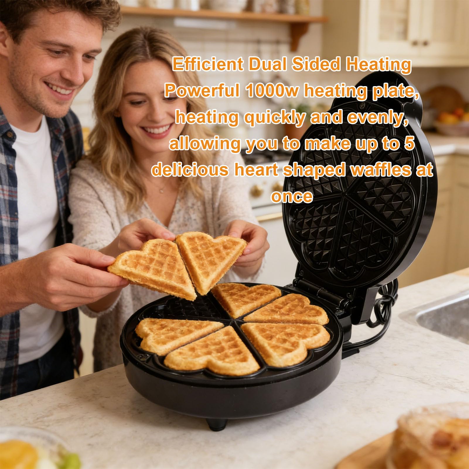 SUNGOOYUE Gofrownice, Urządzenia do Robienia PączkóW i Ciasta 5 W Kształcie Serca Gofrownica o Mocy 1000 W Belgijska Gofrownica z regulowaną temperaturą Na Deser śniadaniowy Domowa Kuchnia Serce