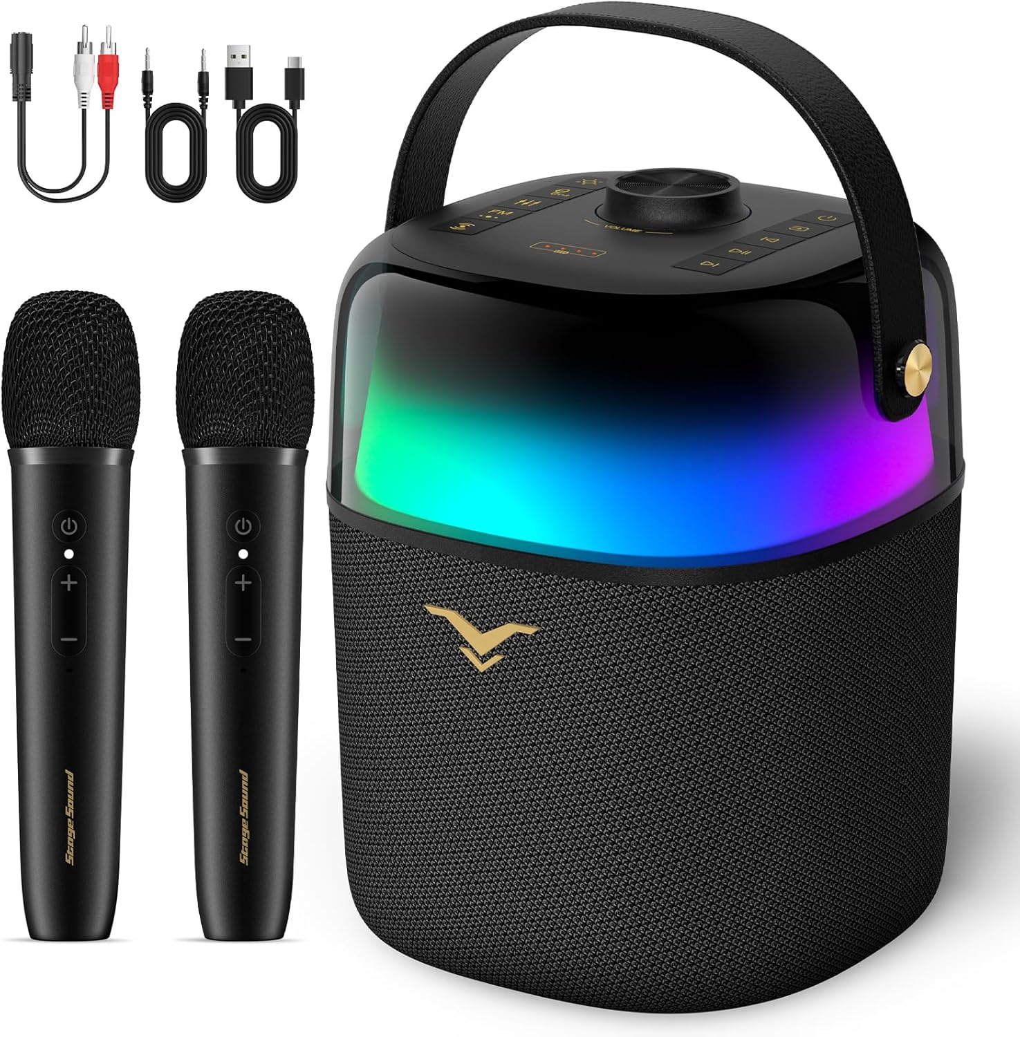 Karaoke Machine for Adults and Kids, Portable Bluetooth Speaker 80W with Two Wireless Microphones, PA System with Bass/Treble Adjustment, RGB Party Lights, Supports FM/AUX/USB/6.35mm for Home Outdoor