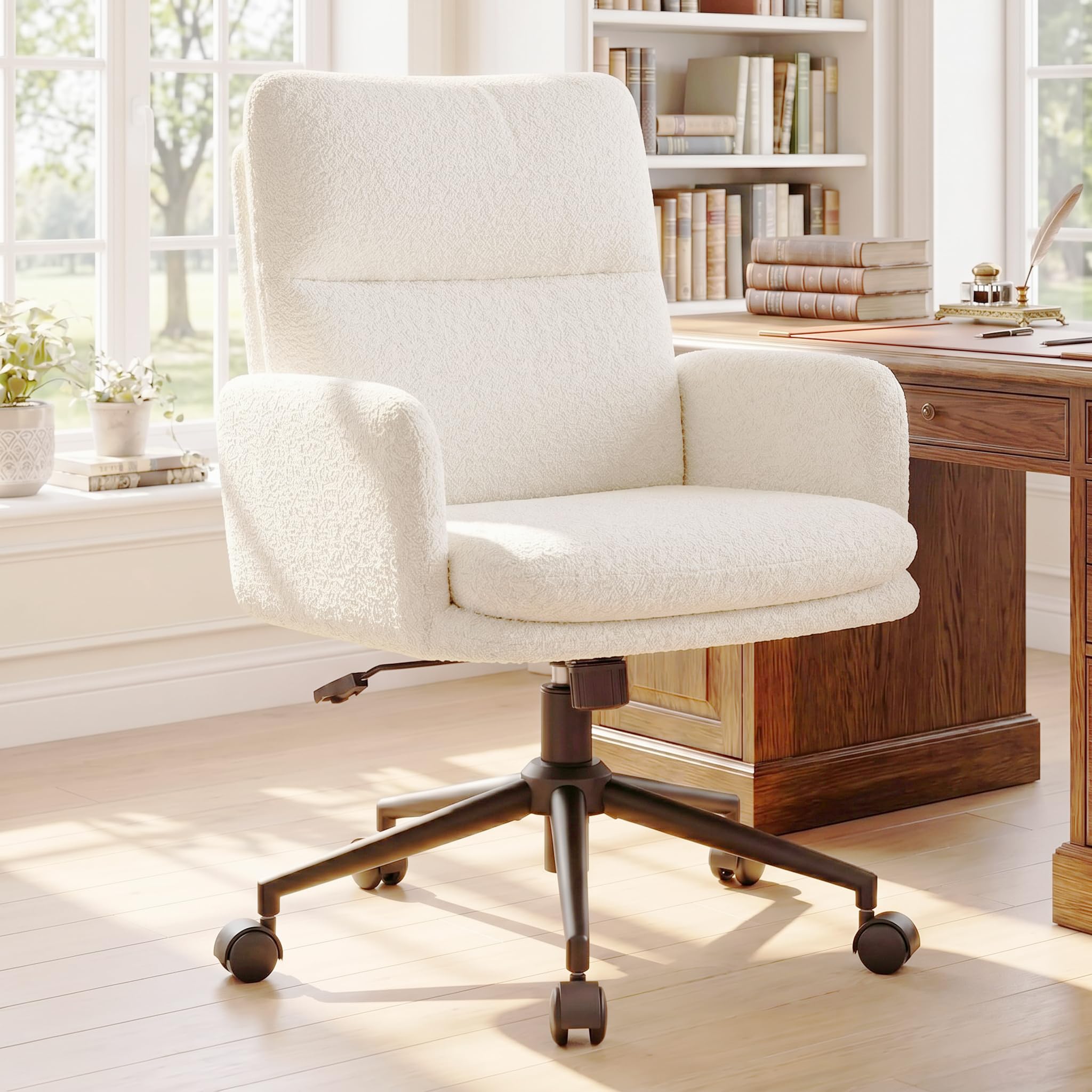 Hellove Chenille Desk Chair, Ergonomic High Back Office Chair, Comfortable Dressing Table Chair with Adjustable Height, Computer Chairs for Home and Bedroom, Home Office, Beige