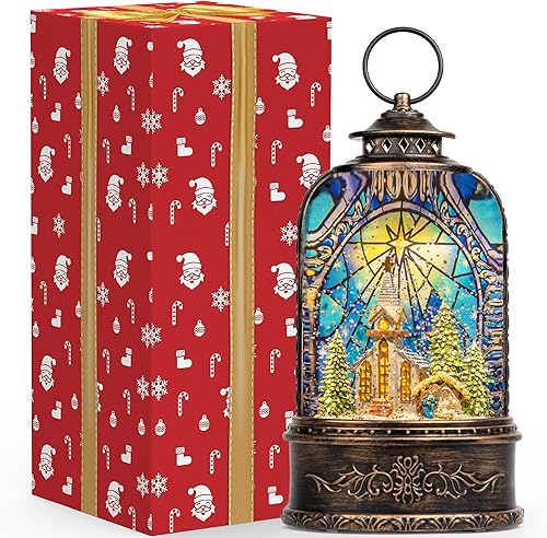 Miniatura 7 de Linterna musical de globo de nieve iluminada para iglesia con belén, linterna de agua con purpurina giratoria, decoración del hogar y regalo,
