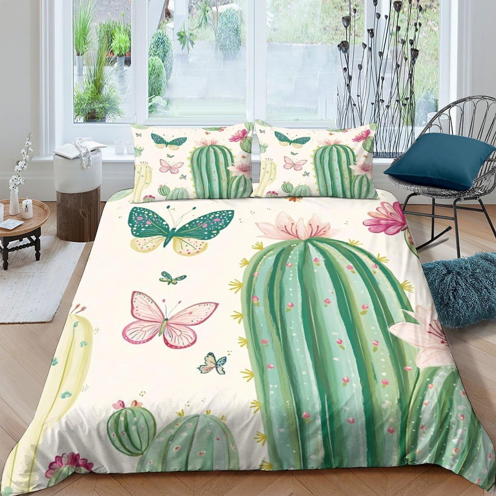 Ctjqhvkz Style-10 3D Printed Cactus Botanical Fitted Sheet Microfiber Green Butterfly Bed Cover For Bedroom Guest Room Easy Care Single（135X200cm）