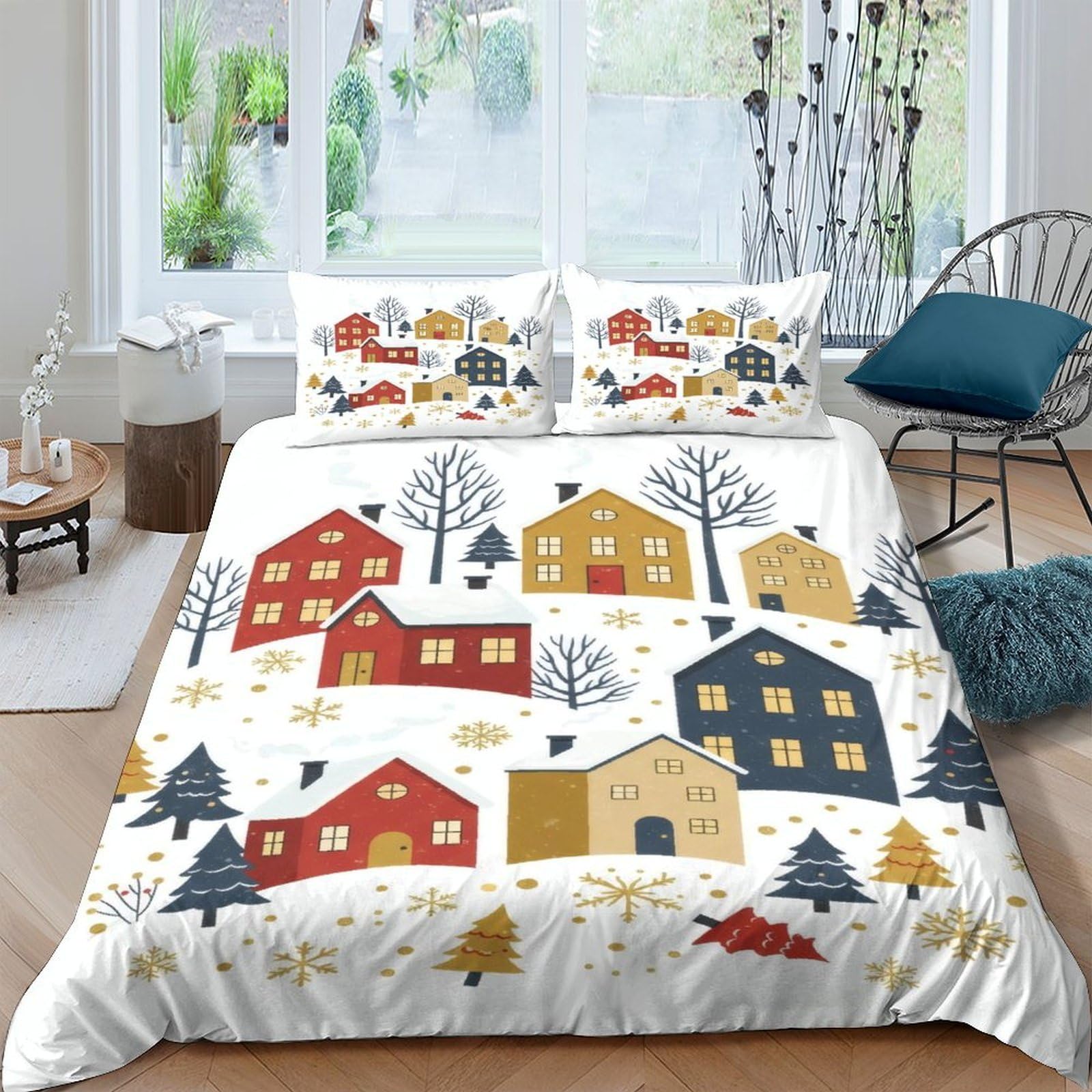 Ctjqhvkz Style-4 3D Printed Nordic House Village Fitted Sheet Microfiber Soft Winter Forest Bed Cover For Bedroom Guest Room Decor Single（135X200cm）