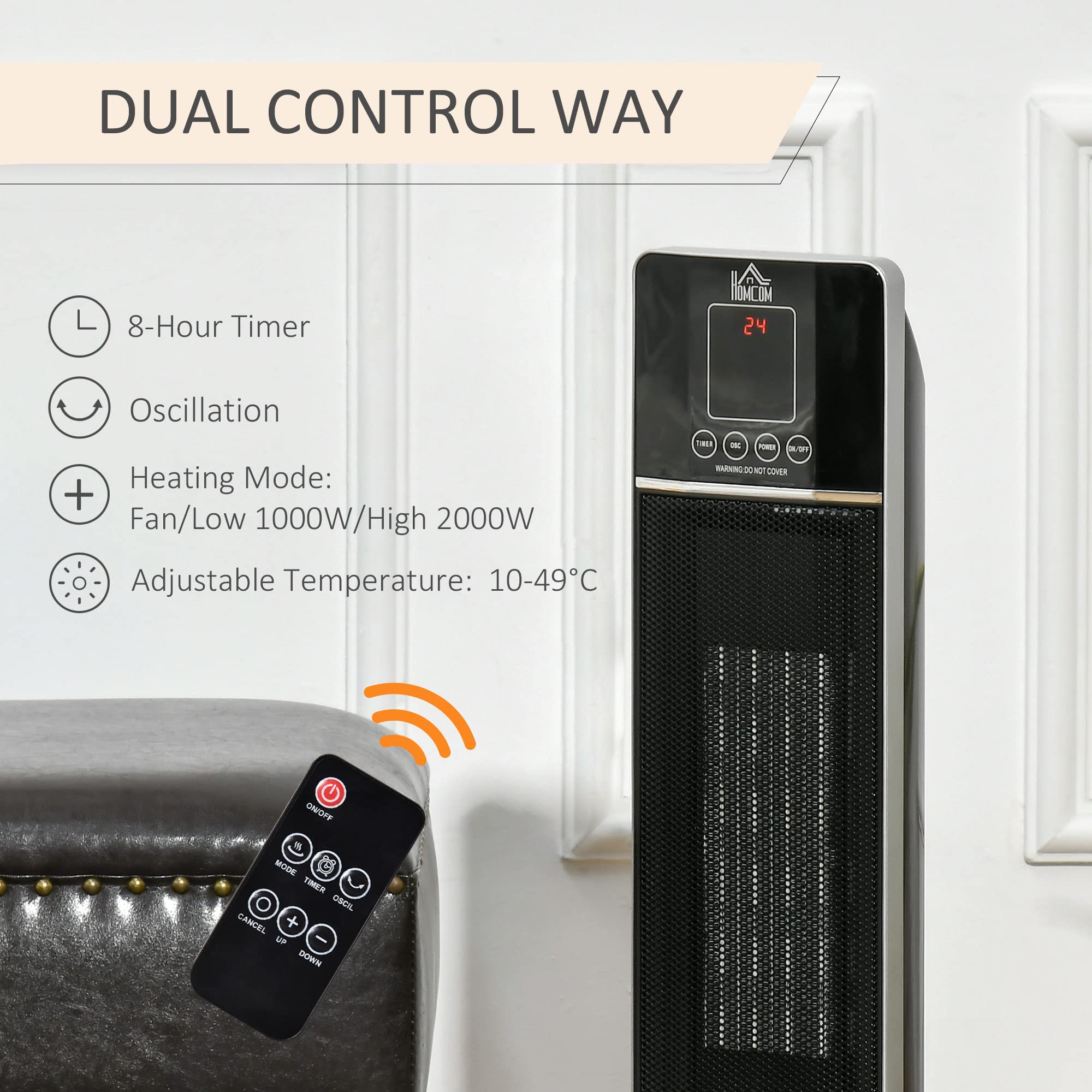 HOMCOM Protable Tower Heater with 2 Heat Setting 1000W/2000W and Ceramic  Fan, Electric Space Heater with Oscillating Remote Control 8hrs Timer  Tip-Over Overheat Protection, Black : Amazon.co.uk: Home u0026 Kitchen