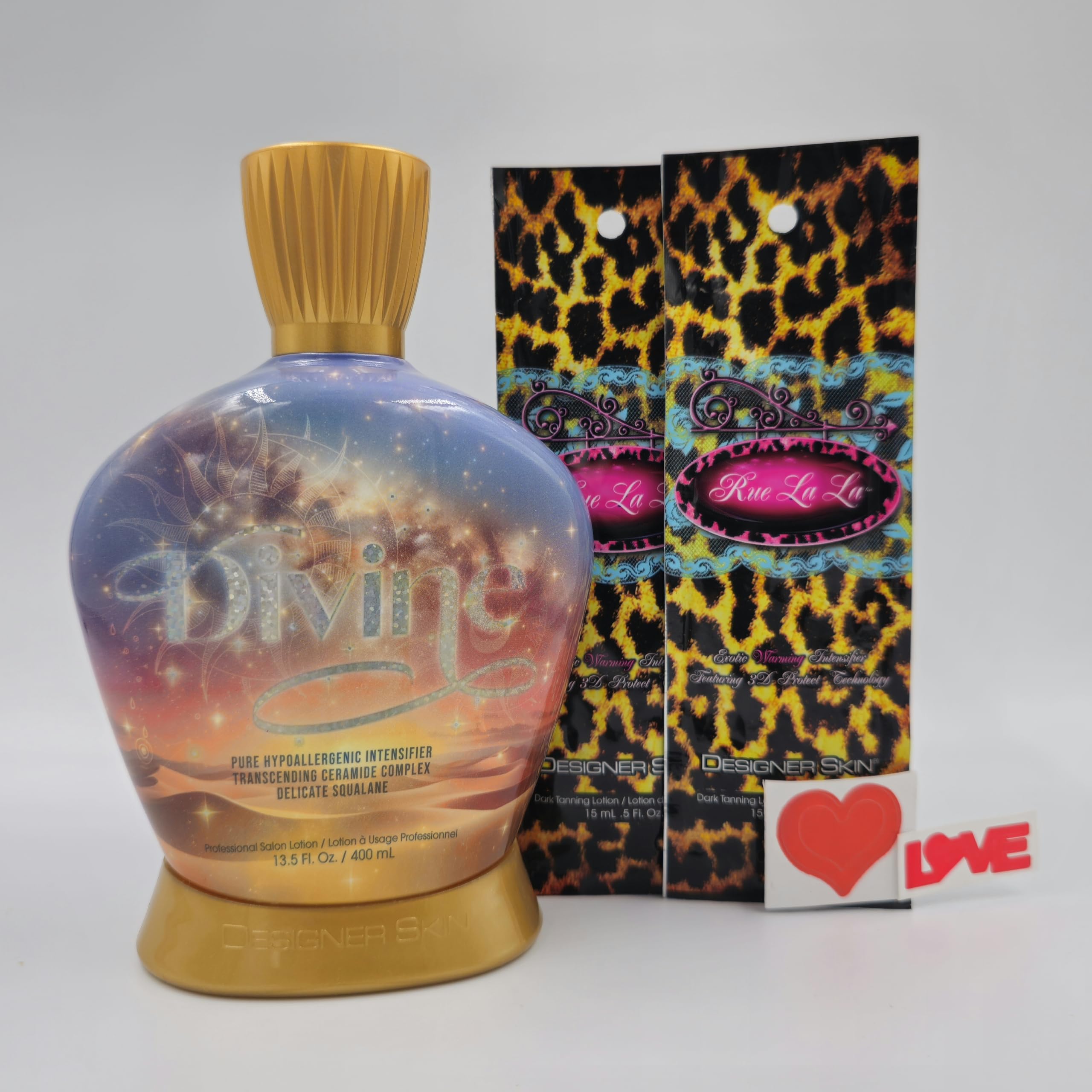 Designer Skin Divine Pure Hypoallergenic Intensifier Tanning Lotion 13.5 fl oz with 2 Packets of Rue La La and Body Stickers
