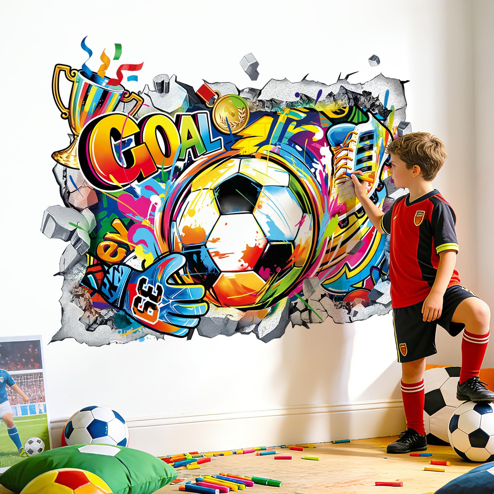 decalmile Stickers Muraux 3D Football Autocollant Mural Football Joueurs Sport Décoration Murale Chambre ado Garçon Salles de Jeux
