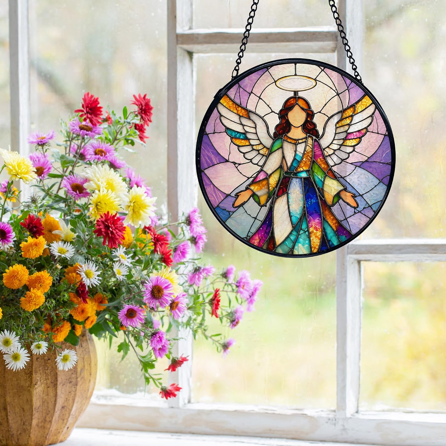 Christian Angle Suncatchers Stained Glass Window Hanging Decor, Vintage Angle Religious Sun Catchers Indoor Window Glass Round Wall Decor, Bible Verse Wall Decor 7.9x7.9 525XS-GH-Angel