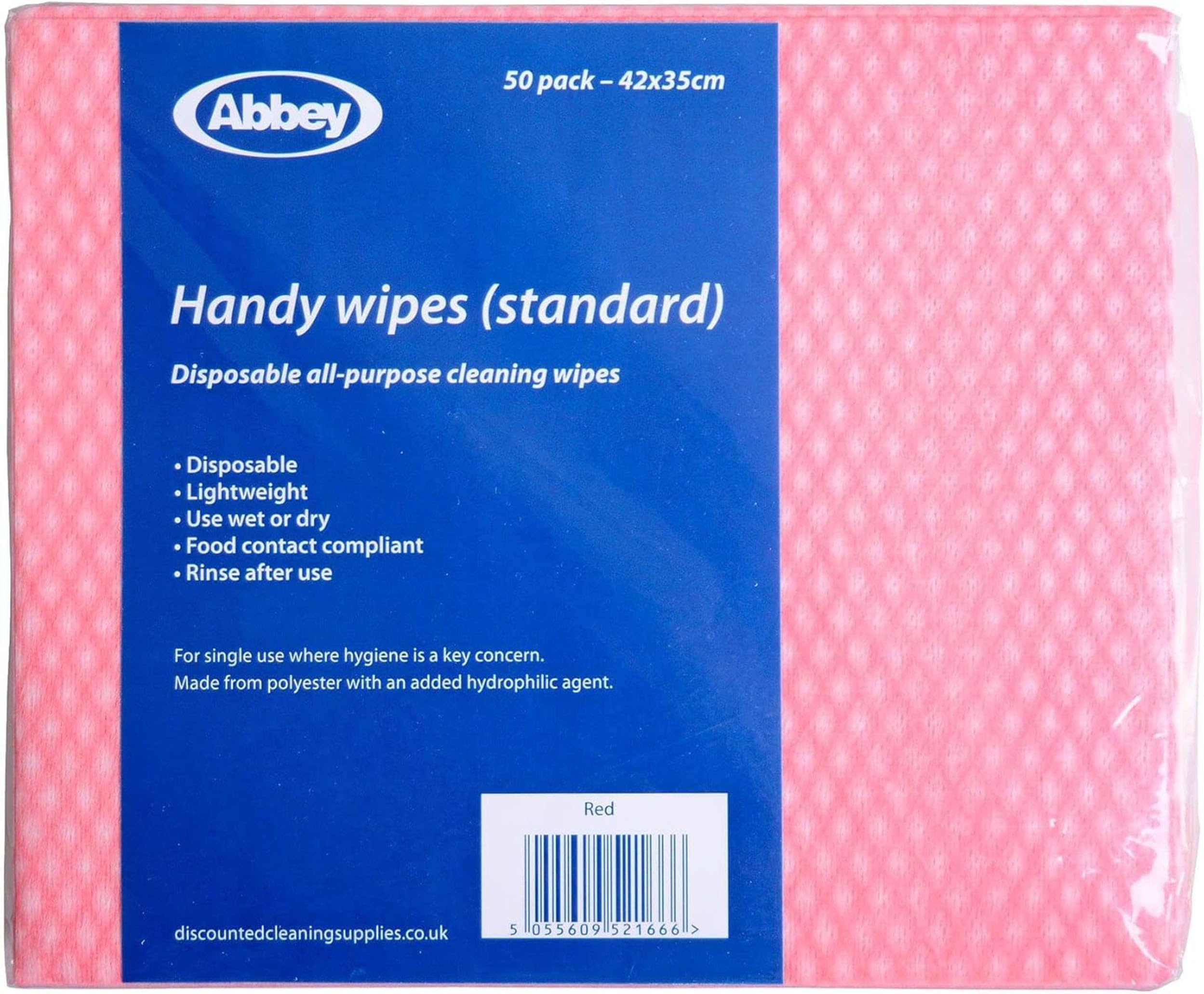 Abbey Pack of 50 Disposable J Cloths Non Woven Wipes – All Purpose Blue Cleaning Cloths – J Cloth to Clean Surfaces, Bathroom, Windows, Dish Cloth –Kitchen Cloth 42 x 35cm (Red)