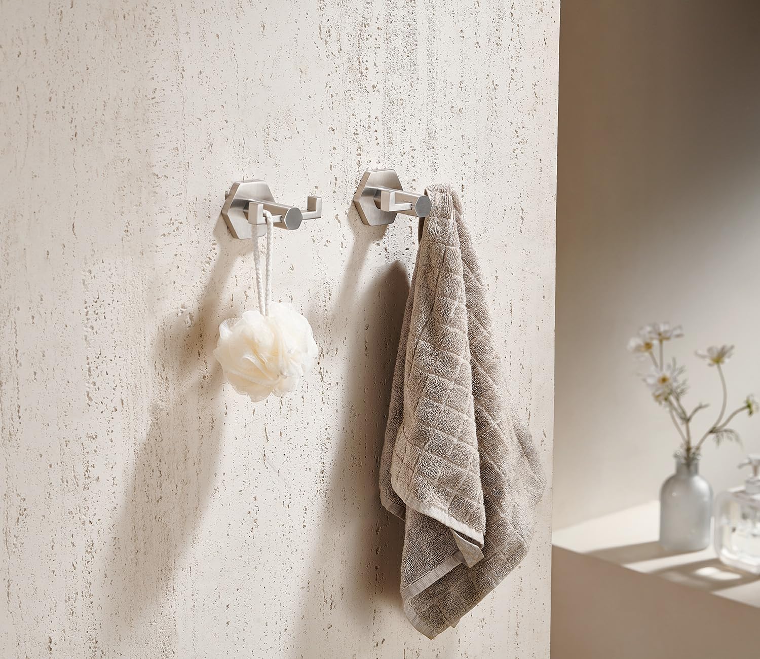 Miyili 2 Pack Bathroom Wall Hooks Brushed Steel Towel Hook Bath Hooks Modern Hexagonal Base Coat Towel Hooks Stainless Steel for Kitchen