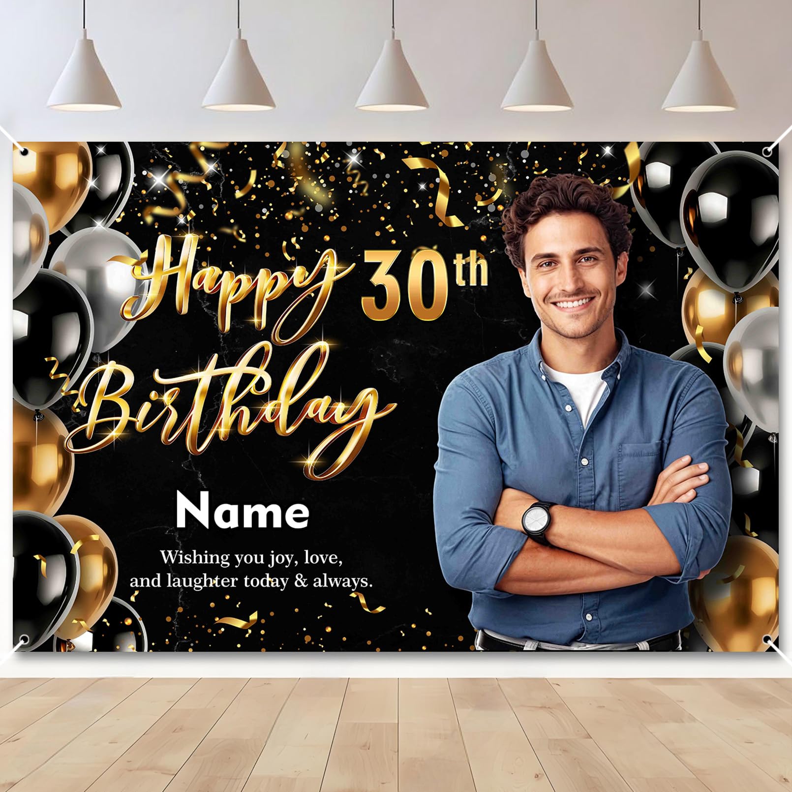 Custom Black Gold Birthday Banner Add Photo Name Age Party Banner Decor — image 1