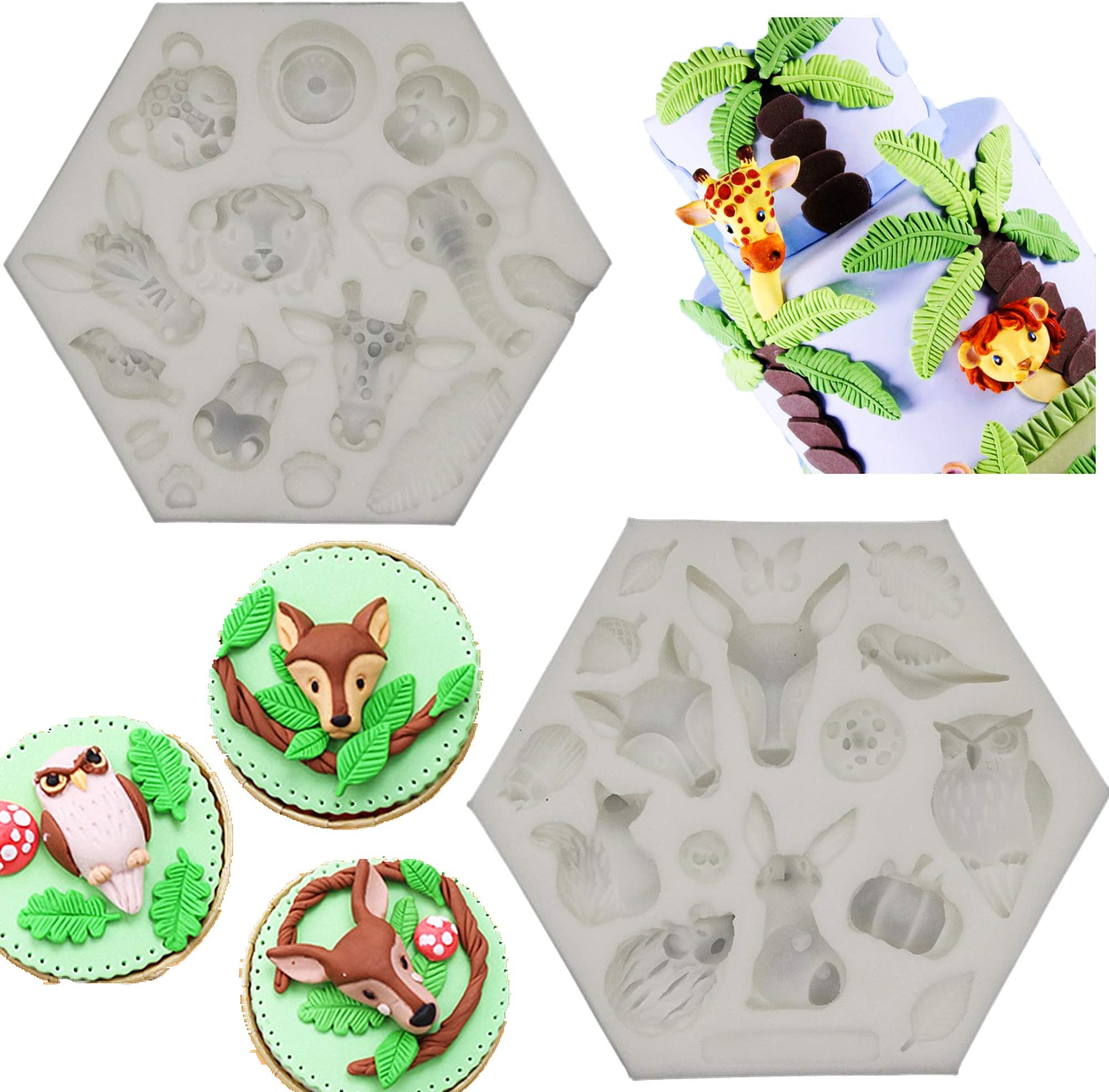 Wootkey Set of 2 Cute Forest Animal Party Fondant Silicone Mold for Sugarcraft, Cake Border Decoration, Cupcake Topper, Polymer Clay, Crafting Moulds
