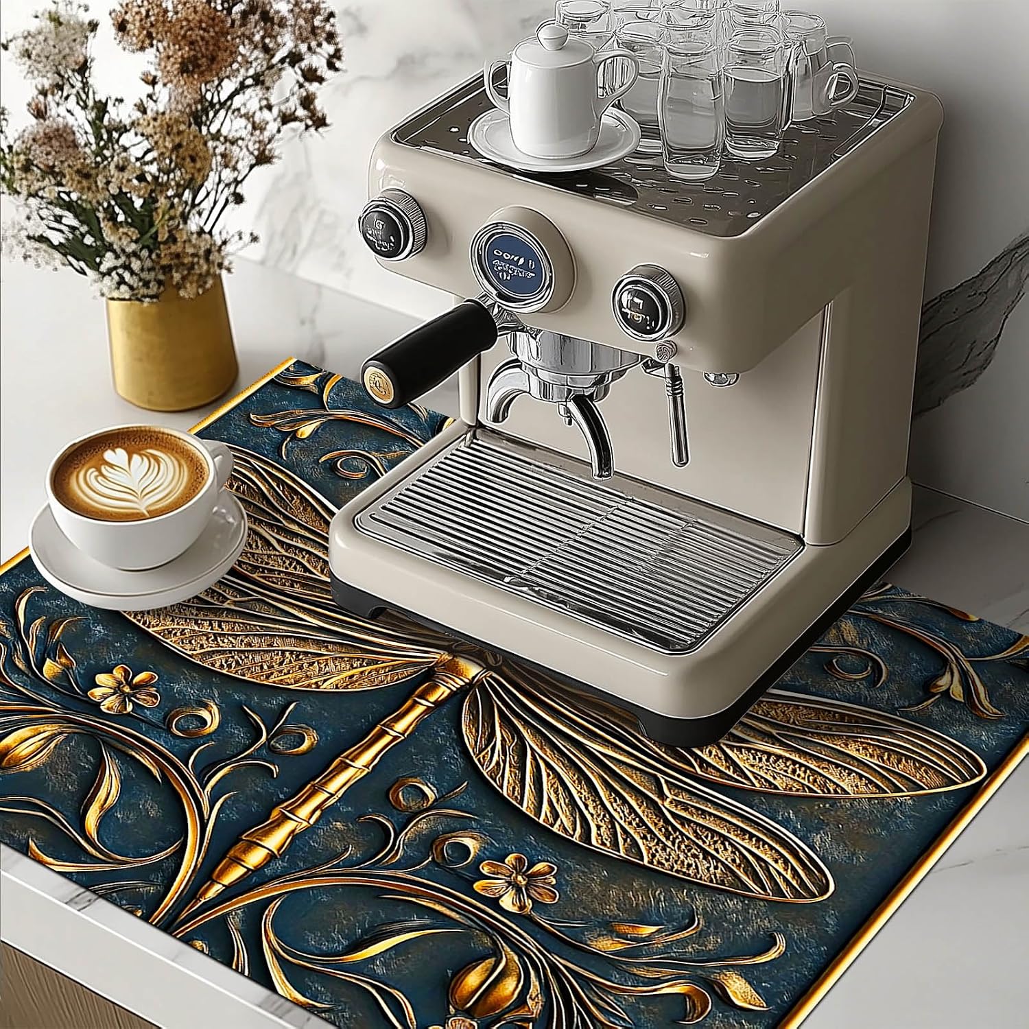HOMETITUTE Golden Dragonfly Stove Top Cover 28x20 Inch Diatomite Embossed Kitchen Decor Glass Cooktop Protector Heat Resistant Countertop Mat Stove Cover Elegant Pad