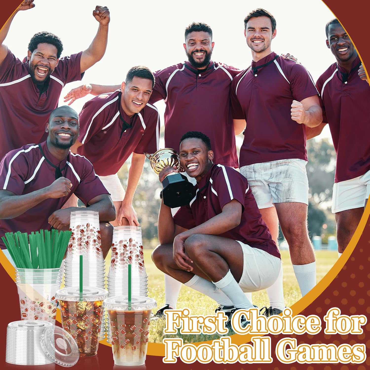 50 Sets 12oz Ball Game Football Plastic Cups with Lids and Straws Super Clear Disposable Bowl Drinking Cups for Juice Water Coffee Stadium Sports Competition Party Athlete Birthday Party(Football)