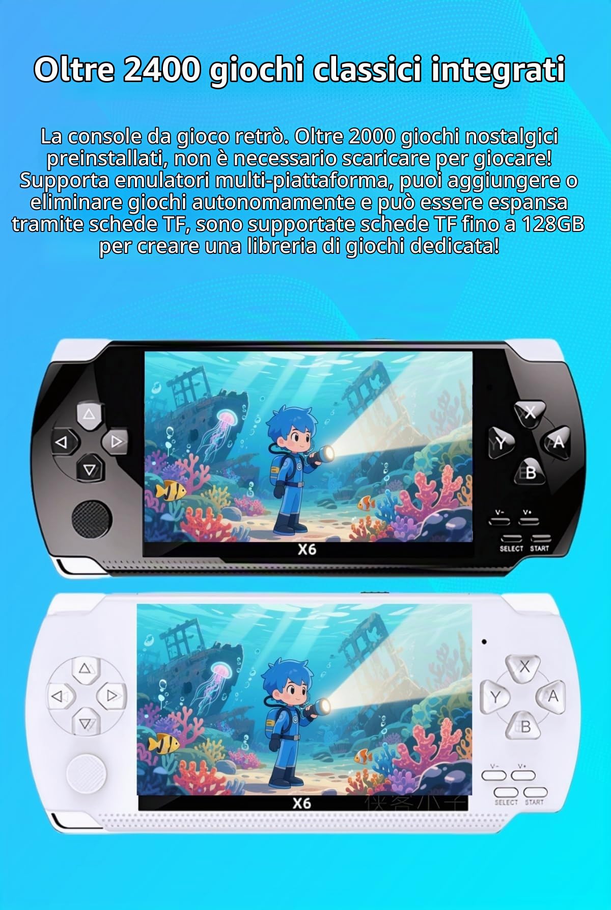 Console di gioco portatile retrò YHFITN da 4,3 pollici - Giochi classici integrati, lettore di videogiochi portatile con connessione TV, batteria ricaricabile ed espansione per scheda TF (white)