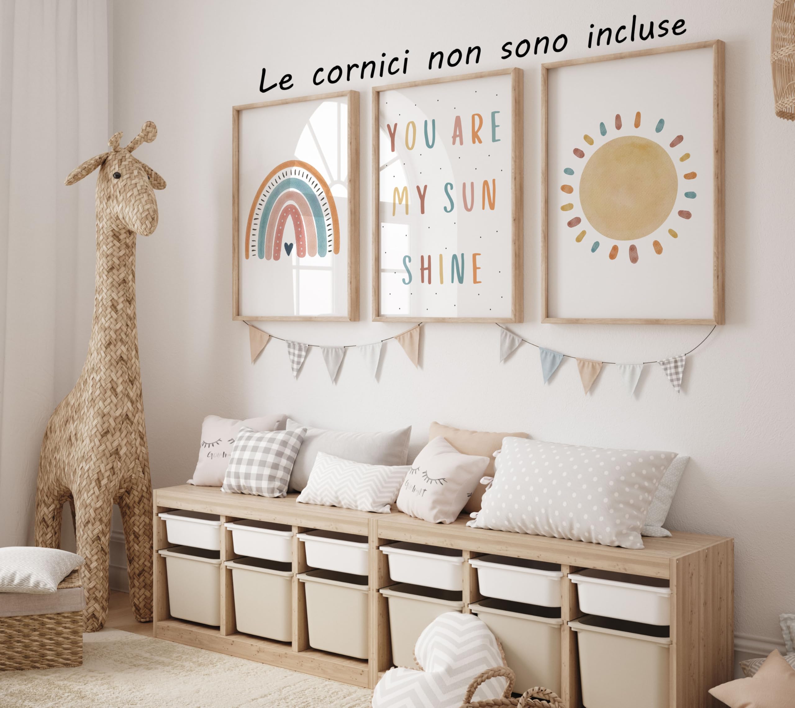 Eviepops Prints Quadri Cameretta Bambini “You Are My Sunshine” Set di 3 Stampe Boho Arcobaleno e Sole Senza Cornice, Decorazione Parete (A3)