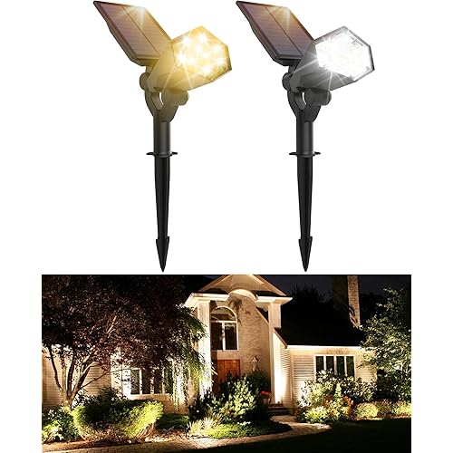 SUPERDANNY Solar Spot Lights Outdoor, 180° Adjustable Solar Lights for Outside Garden, 4 Modes 3000K/6000K, IP65 Waterproof, LED Solar Powered Landscape Lighting for Yard, Pathway, 2 Pack