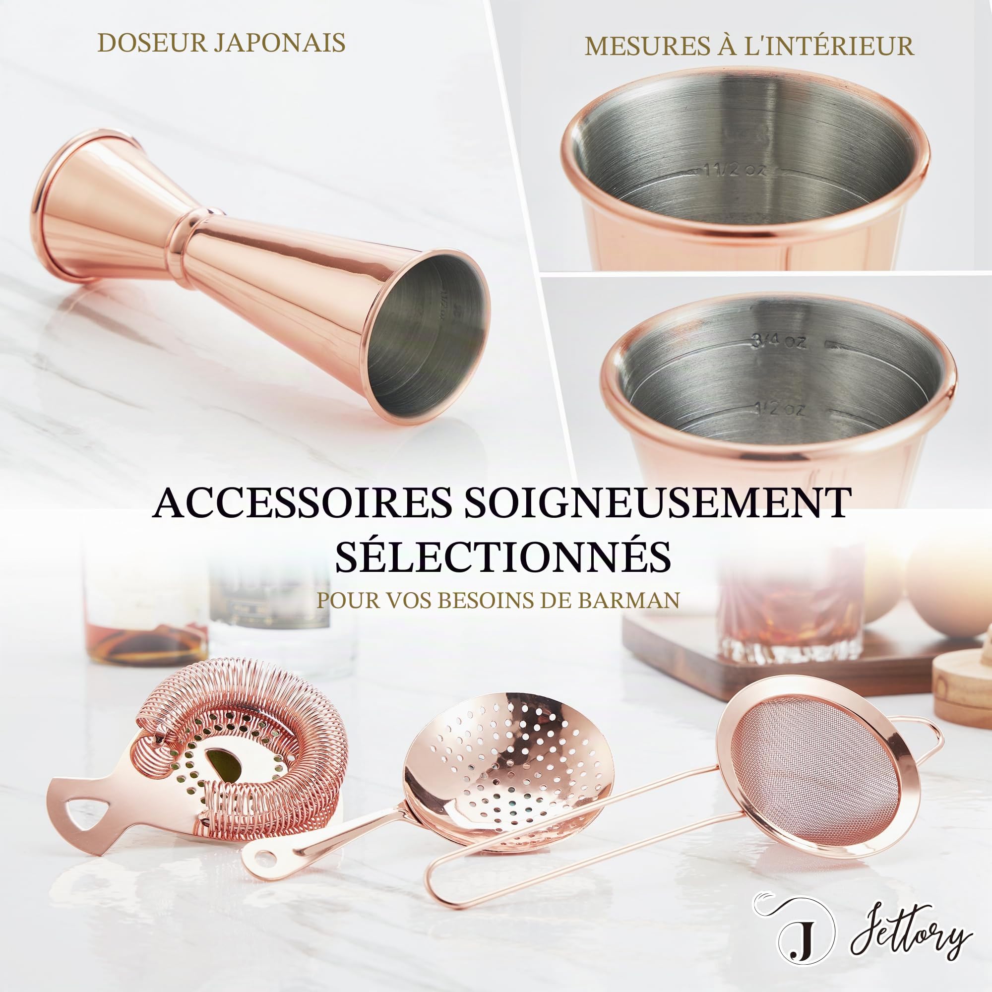 Set Shaker Boston 16 Pièces - Kit Barman en Acier Inoxydable 304 avec Support Acrylique, Passoire, Cuillère, Jigger, Pilon, Pince à Glace, Verseurs et Picks à Cocktail (Or Rose)