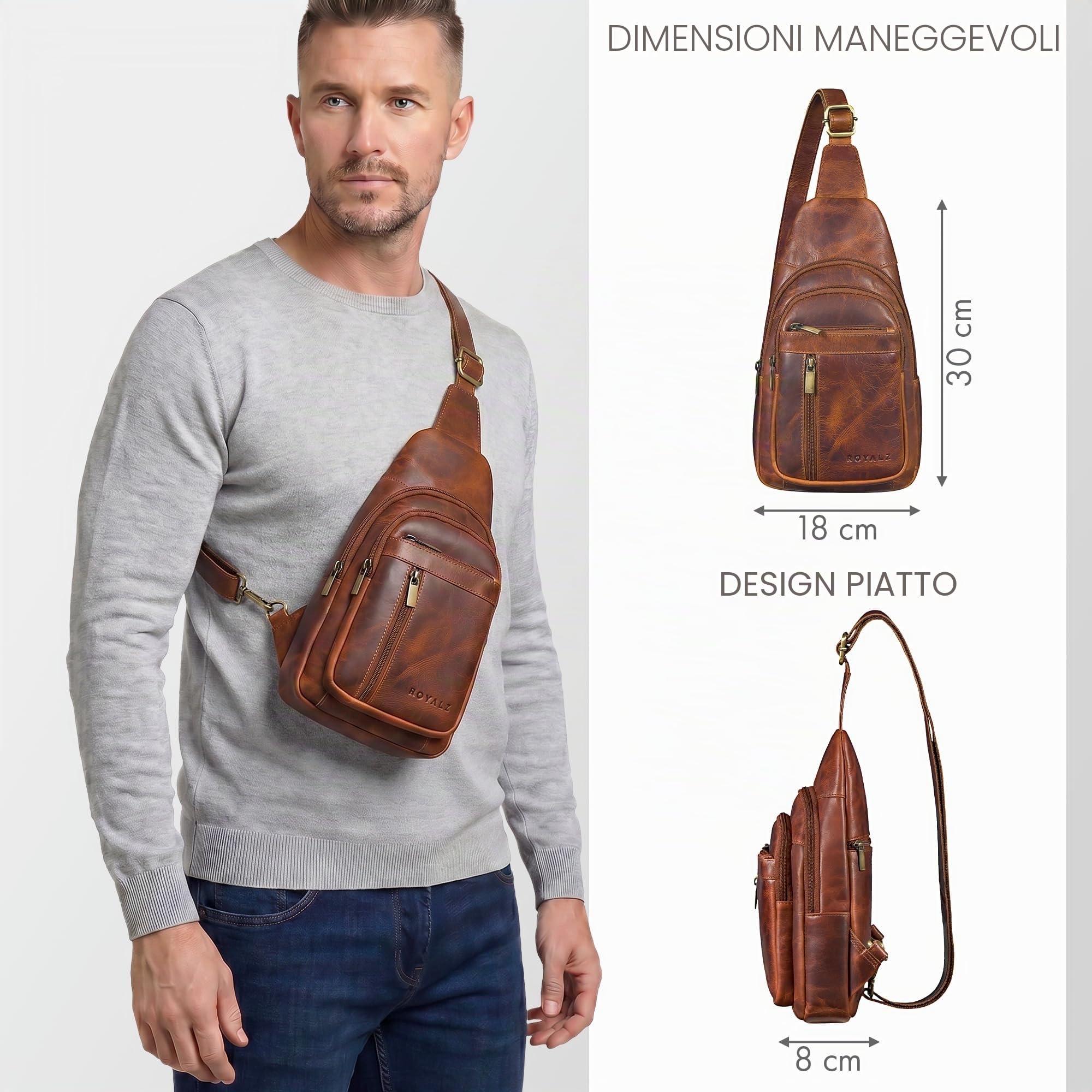 ROYALZ "Portofino" Zaino Monospalla Uomo Pelle Vera - Crossbody Bag Borsello a Tracolla Piccolo Moderno - Marsupio Antifurto per Viaggio e quotidiano