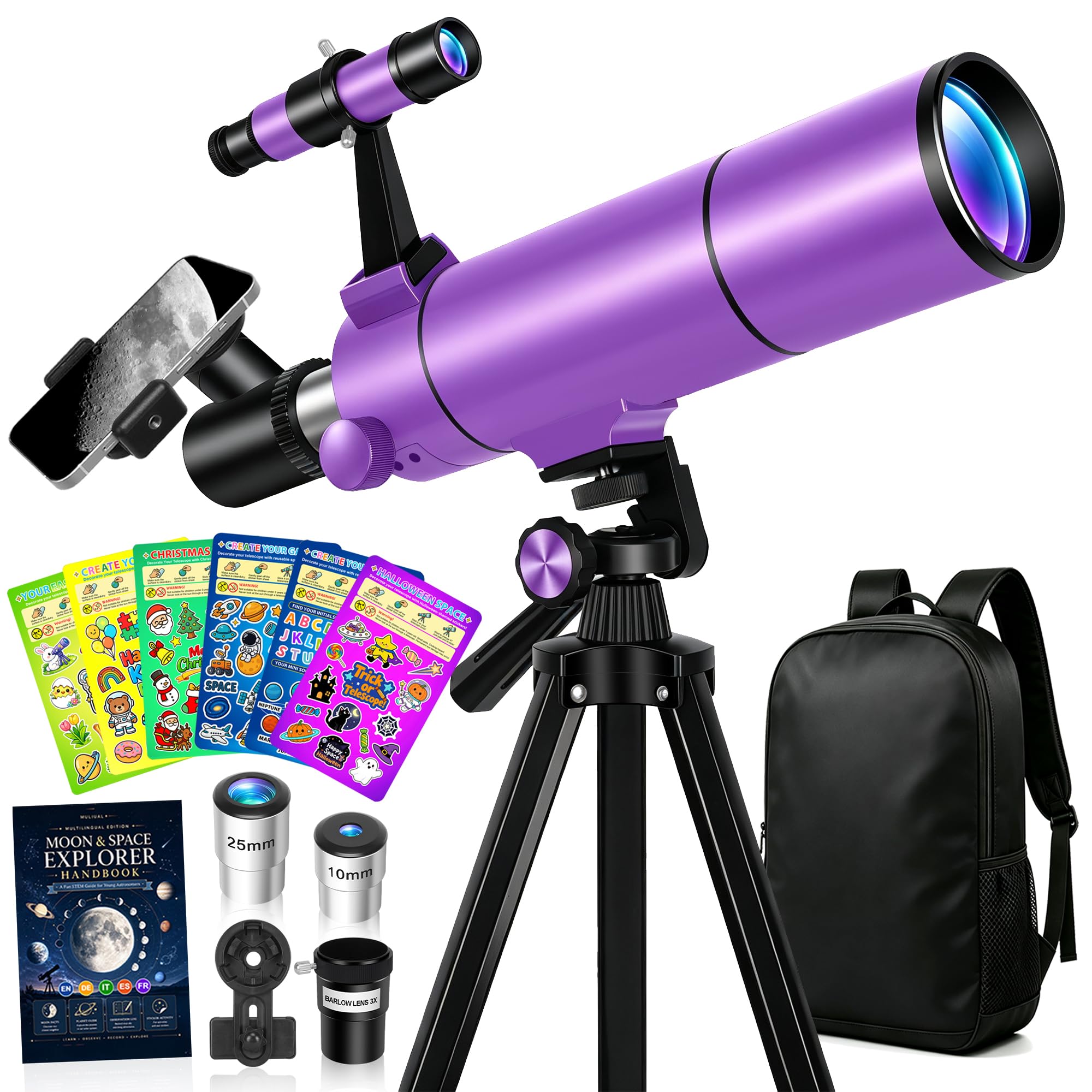 Telescopio Astronomico Bambini e Adulti 80/500 mm, Rifrattore Telescopio Portatile Bianco Viola con 6 Set di Adesivi, Libretto Luna e Pianeti, Supporto Smartphone e Zaino Portatile
