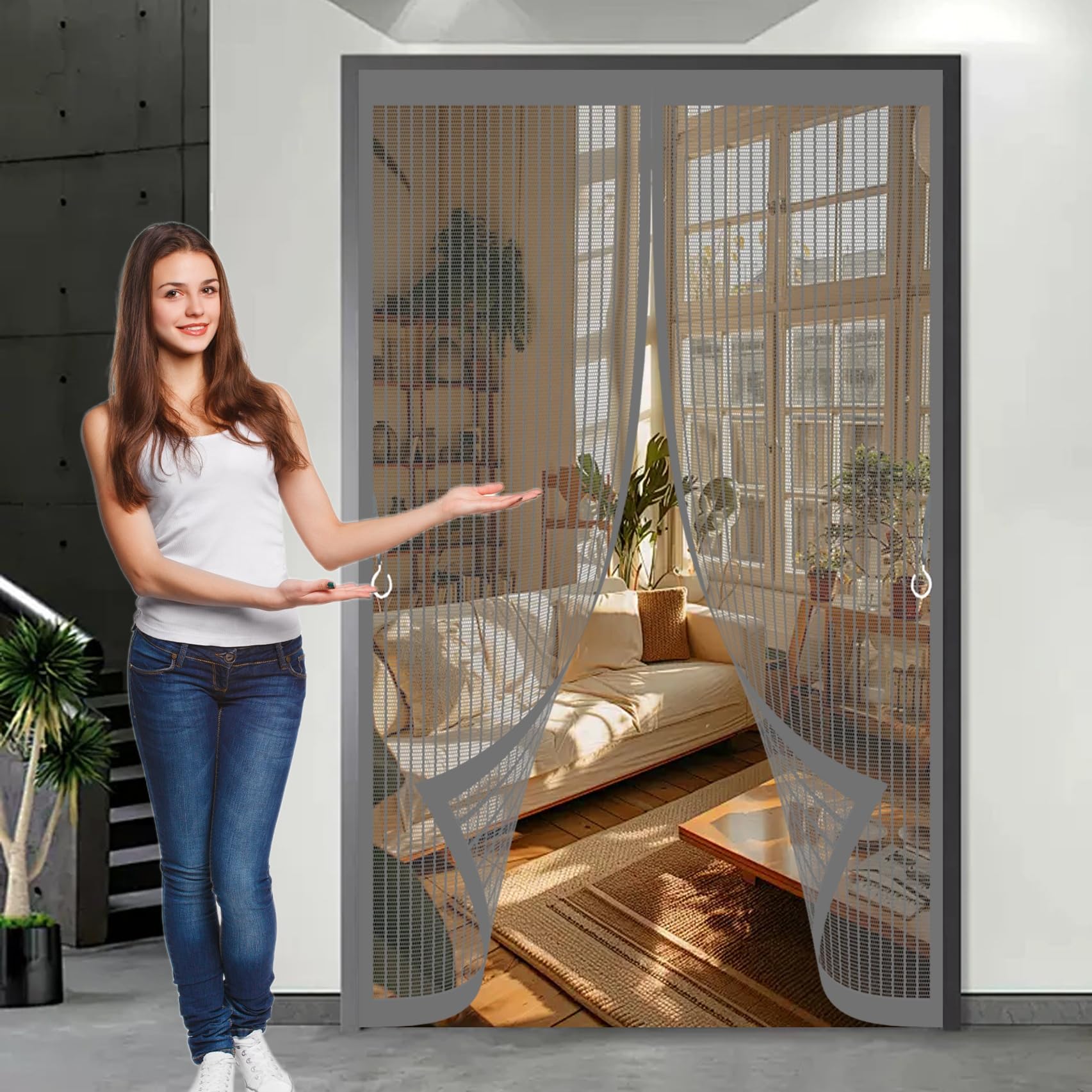 Door Fly Screen Curtain 215 x 190 cm Powerful Magnets, No Drill Installation, Automatically Closes, for Keeping Out Flies & Bug Fly Screens Doors, Screen Mesh for Patio Doors Bedroom, Grey