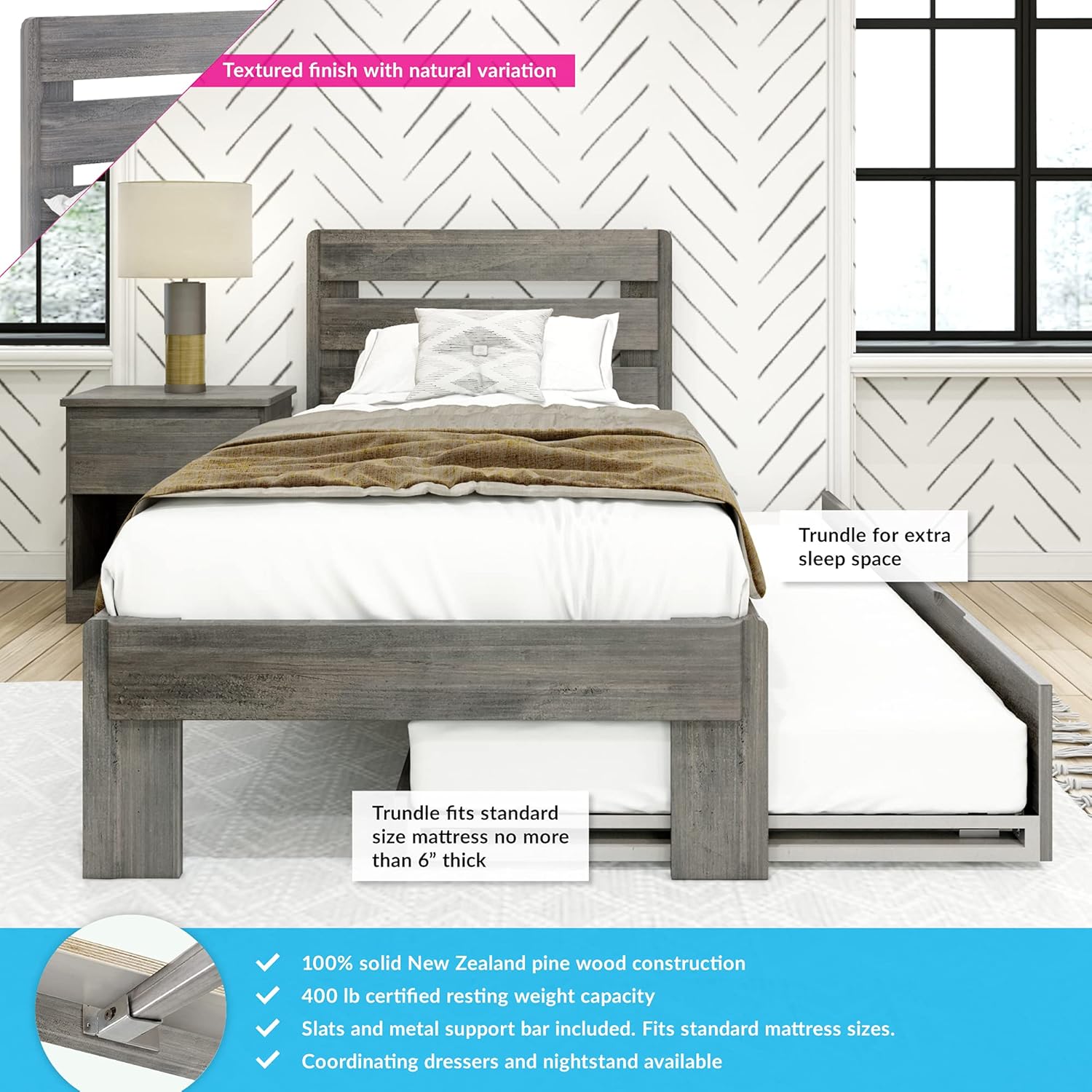 Max & Lily Modern Farmhouse Twin Bed with Plank Headboard and Trundle, Driftwood