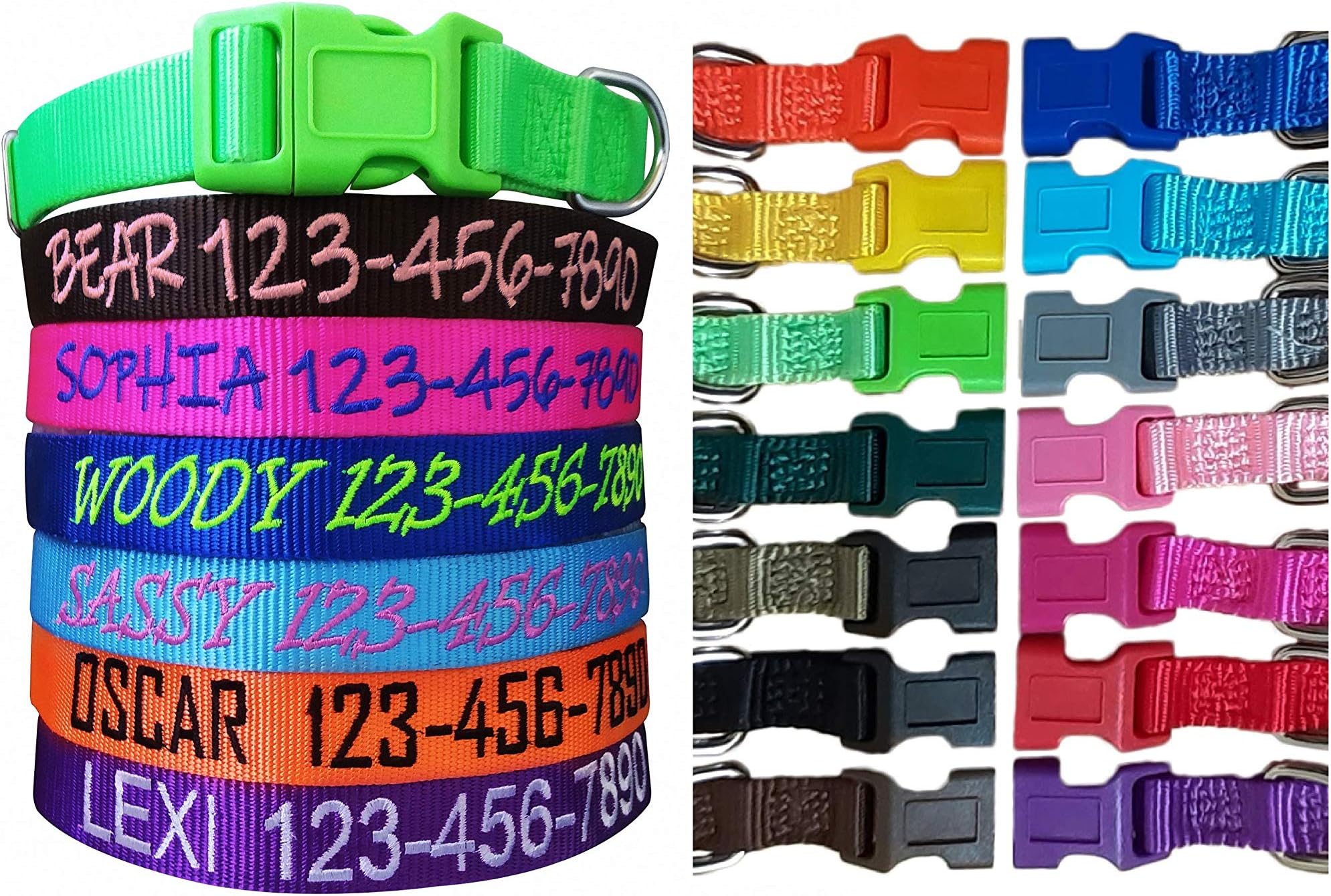 Personalized Custom Customized Embroidered Dog Name & Phone Number Adjustable Nylon Collar for Large Medium Small Breed, Girl Boy Dogs, Pet Puppy Black Red Pink Purple Orange Blue Green