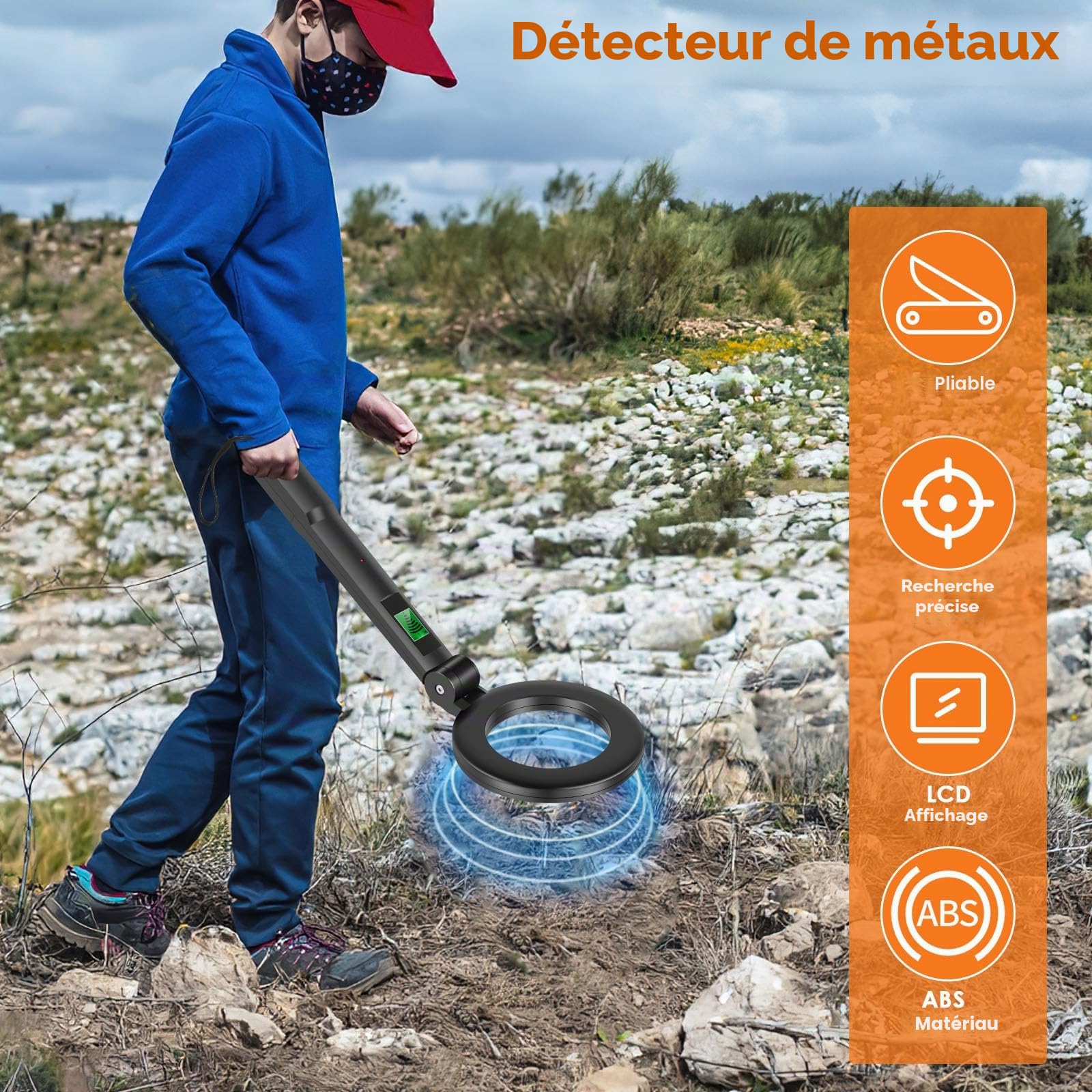 Détecteur de métaux pliable, écran LCD portable, outil de détection métal avec 3 modes réglables, détecteur léger à haute sensibilité avec bobine étanche pour enfants