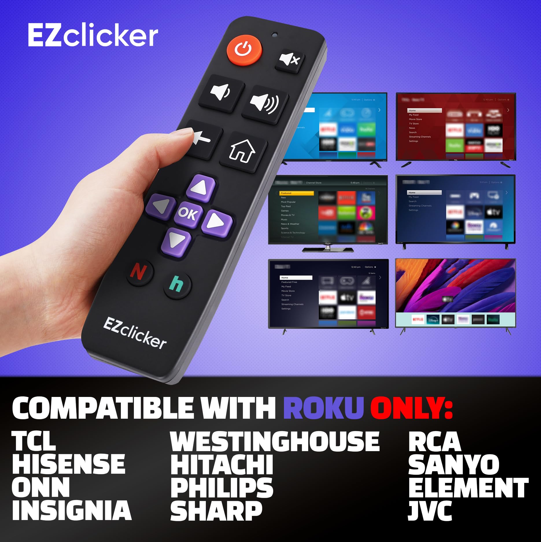 Snapklik.com : EZclicker Roku TV Remote Big Button Universal TV Remote ...