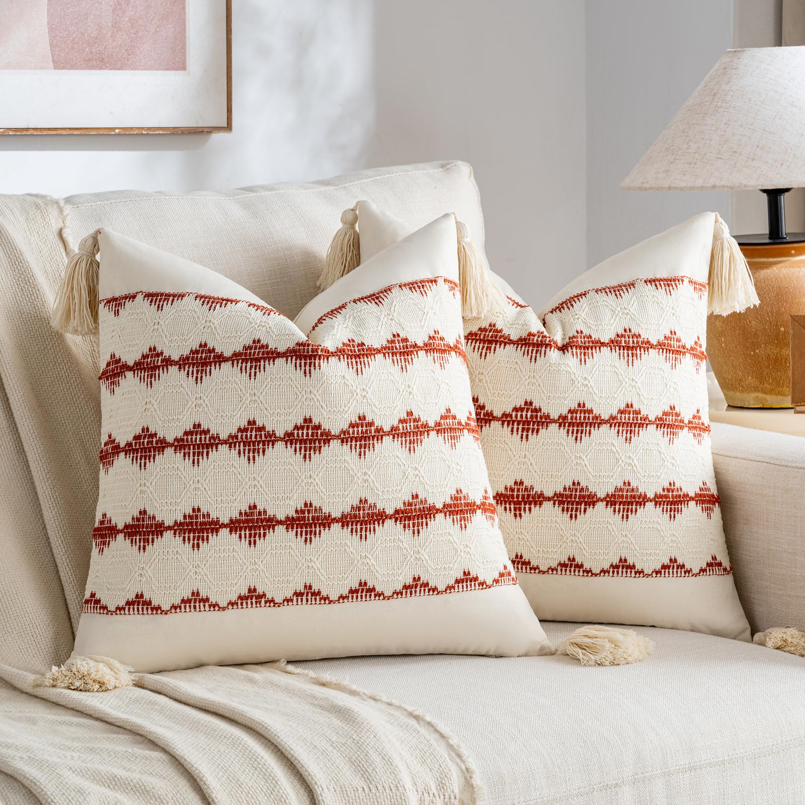 Fancy Homi Set of 2 Burnt Orange Decorative Throw Pillow Covers 16x16 Inch for Couch Bed Sofa Living Room Office, Aesthetic Organic Farmhouse Home Decor, Woven Textured Cushion Case with Tassels