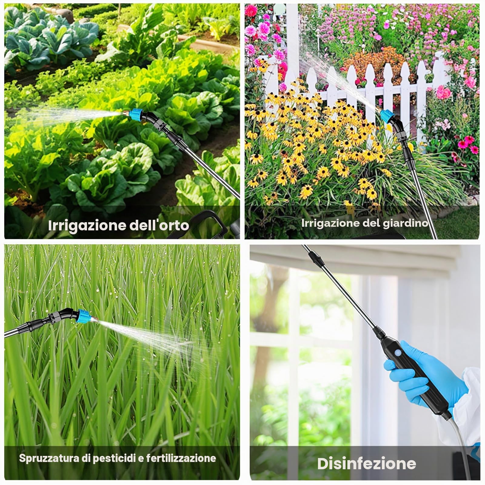 Spruzzatore elettrico da 5 litri alimentato a batteria, manico ricaricabile USB, tracolla per esterni, 3 ugelli nebulizzatori, spruzzatore portatile da giardino con bacchetta retrattile (10 L, verde)
